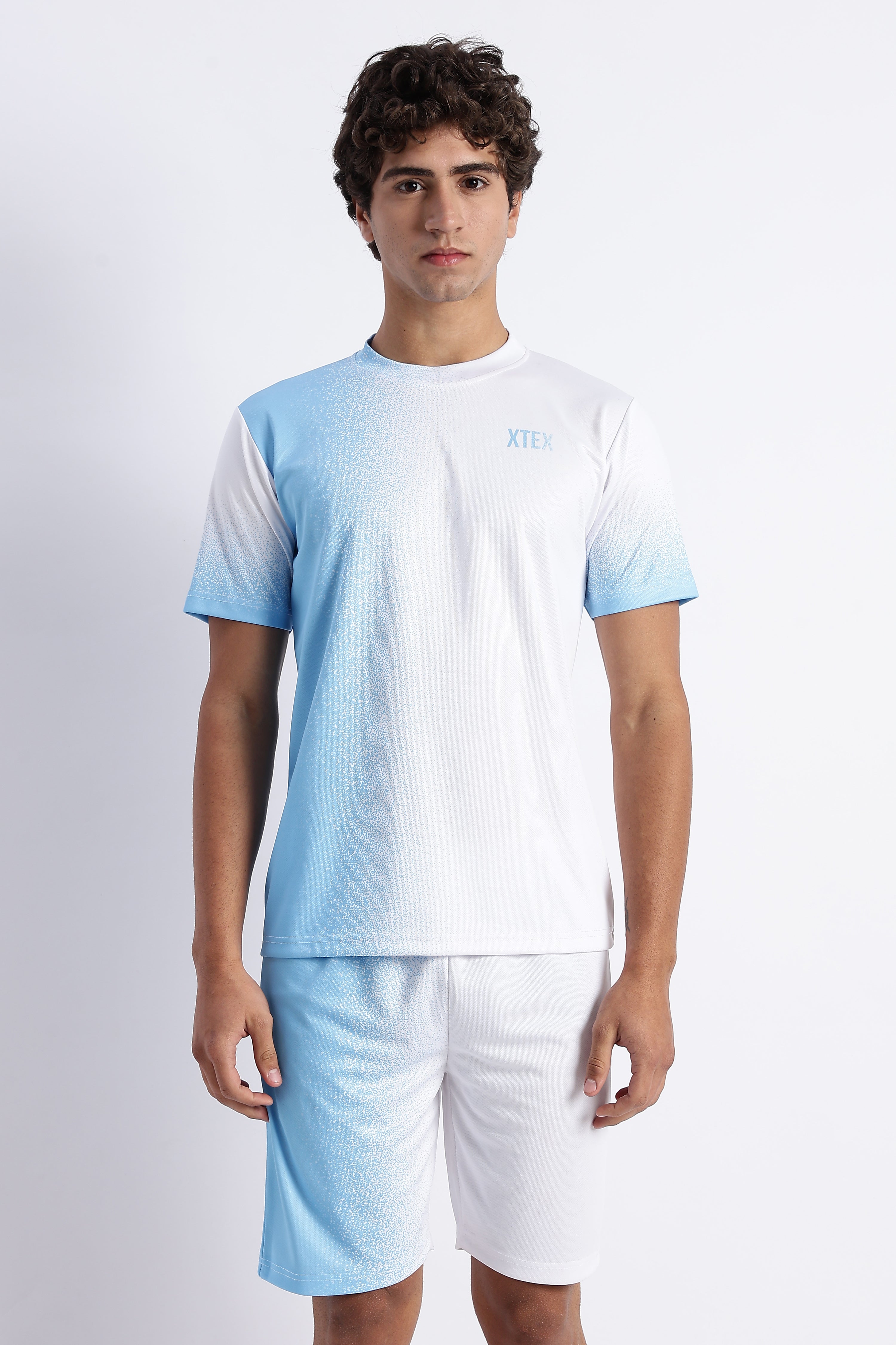 White Gradient Activewear Set – Light Blue Accent Tee
