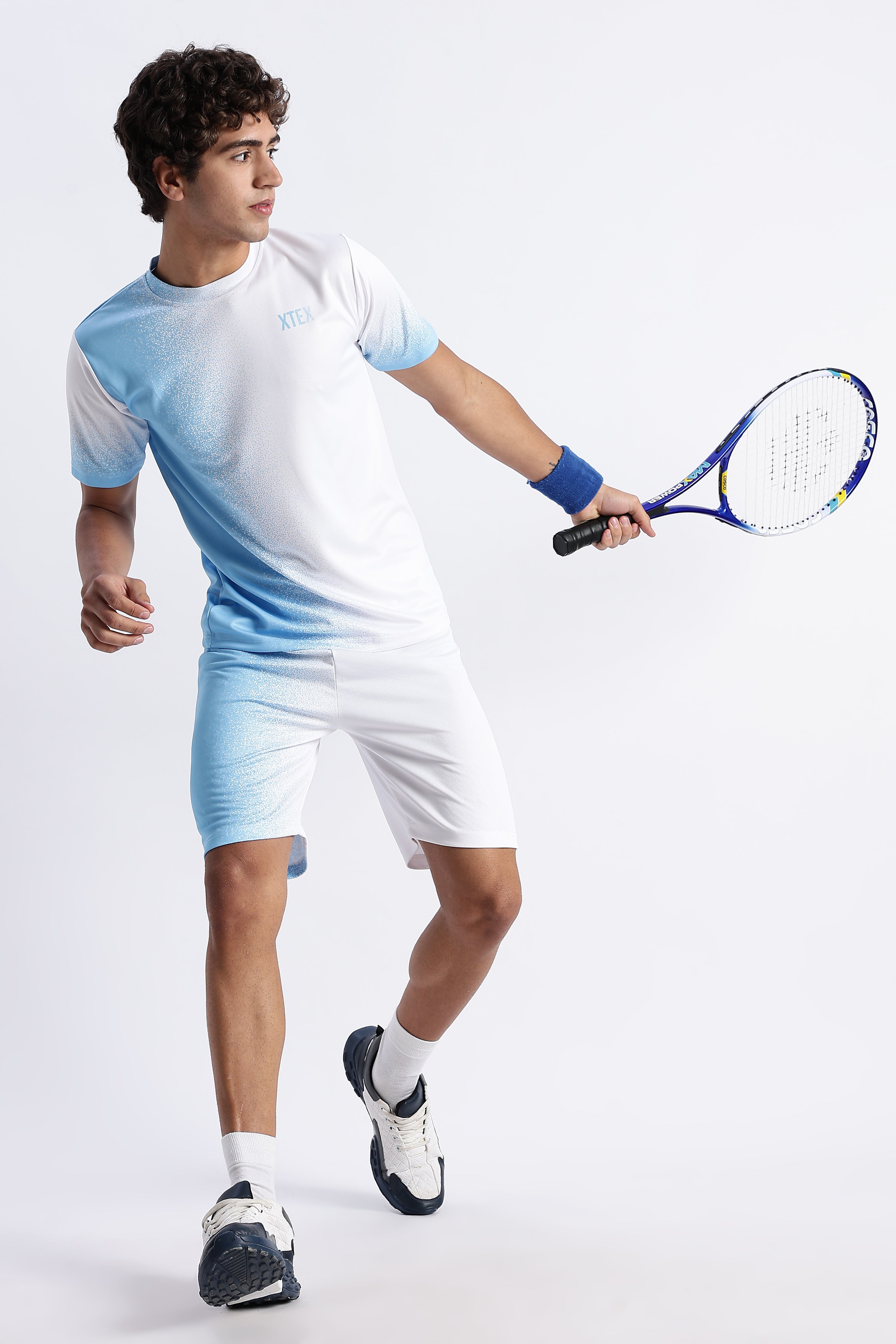 White Gradient Activewear Set – Light Blue Accent Tee