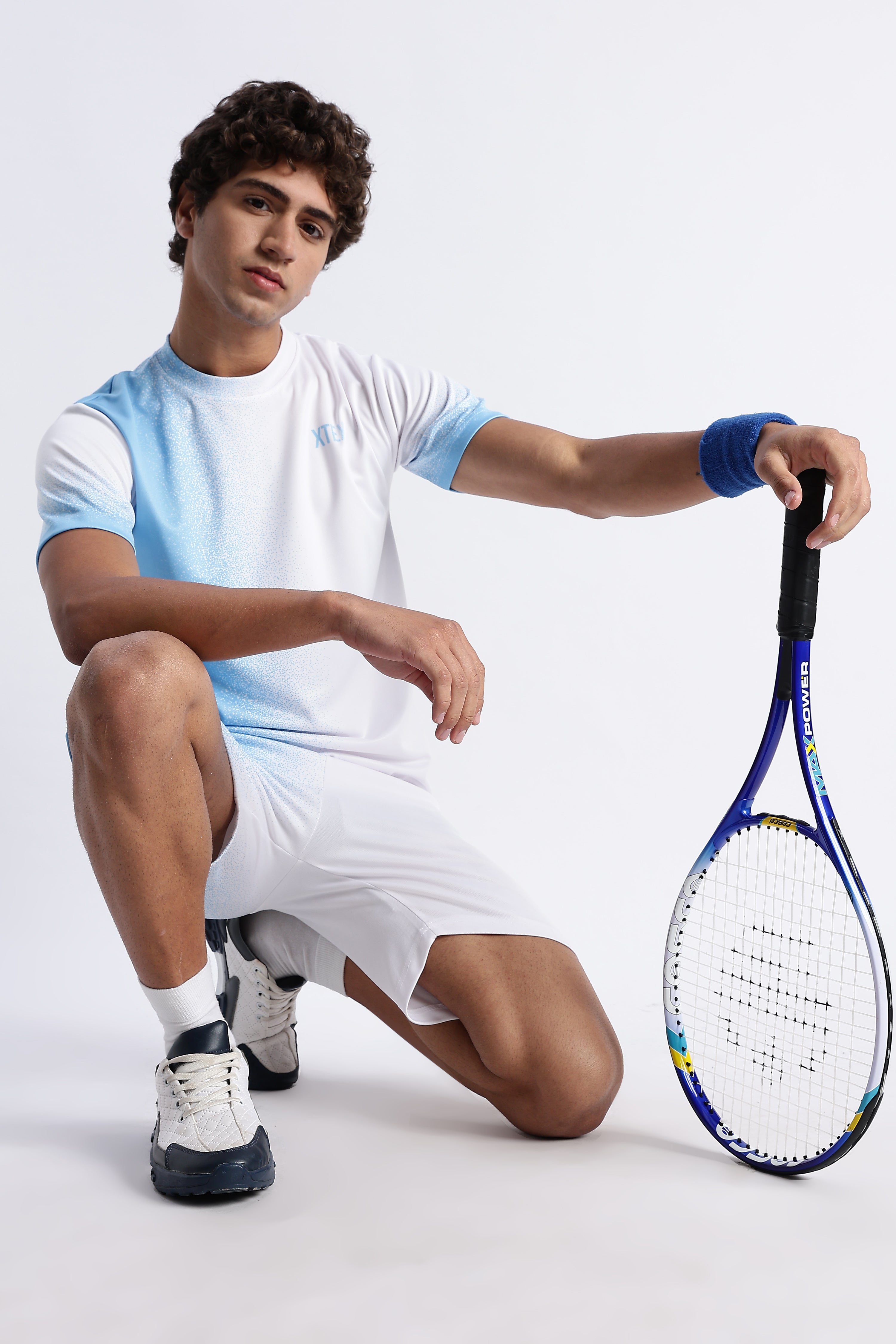 White Gradient Activewear Set – Light Blue Accent Tee