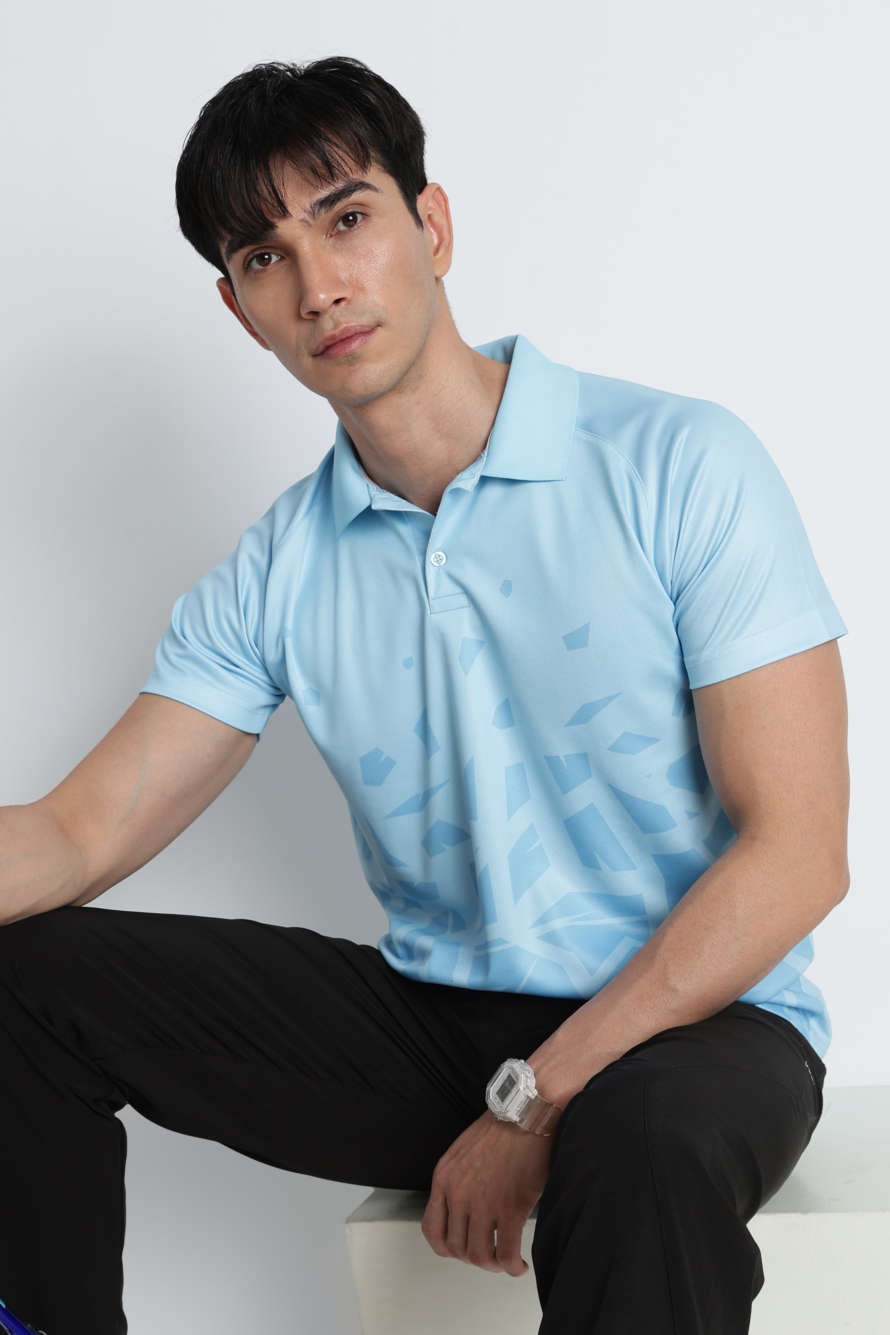 Light Blue Geometric Pattern Activewear Polo