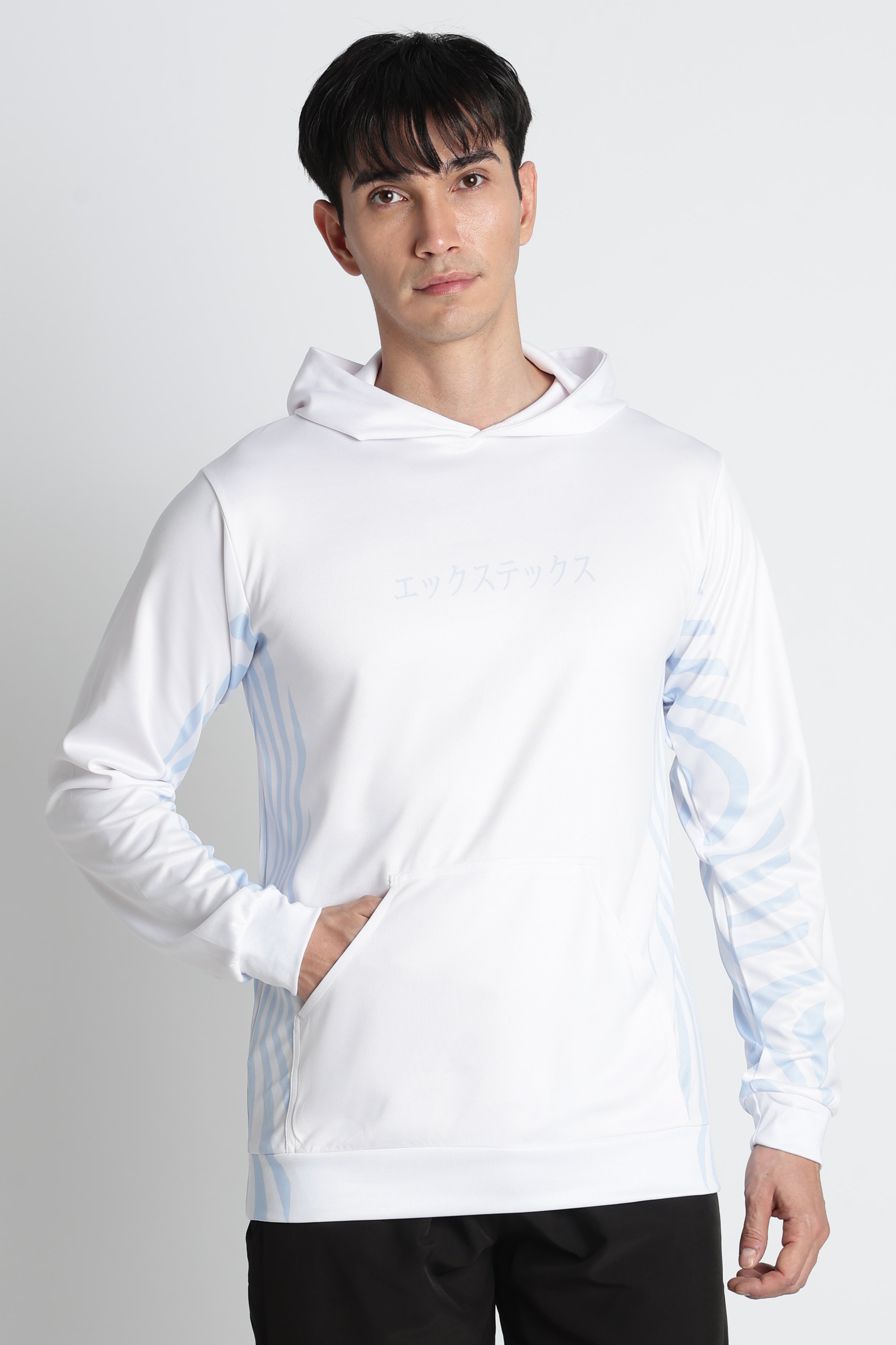 XTEX White Performance Hoodie with Blue‑Stripe Accents