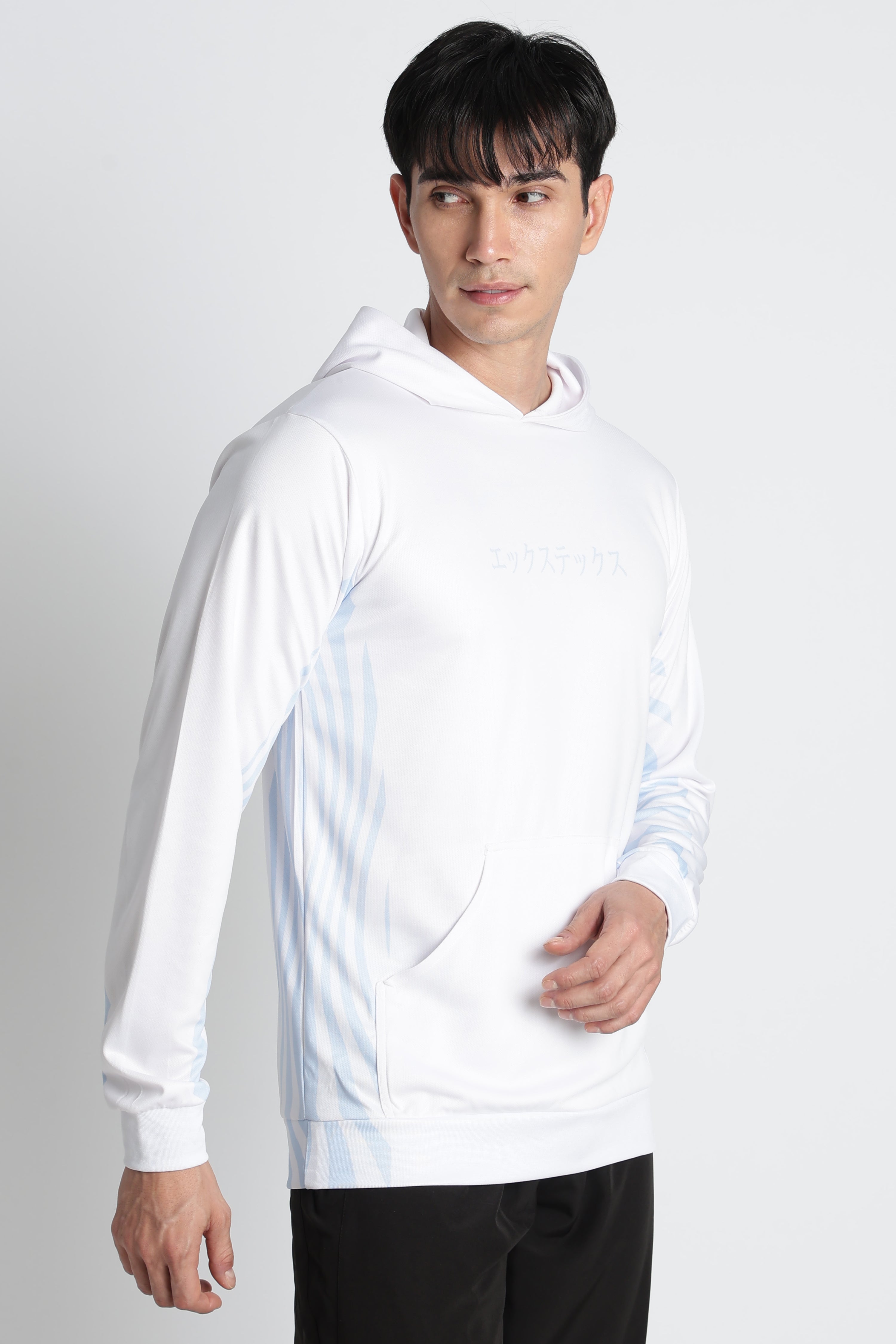 XTEX White Performance Hoodie with Blue‑Stripe Accents