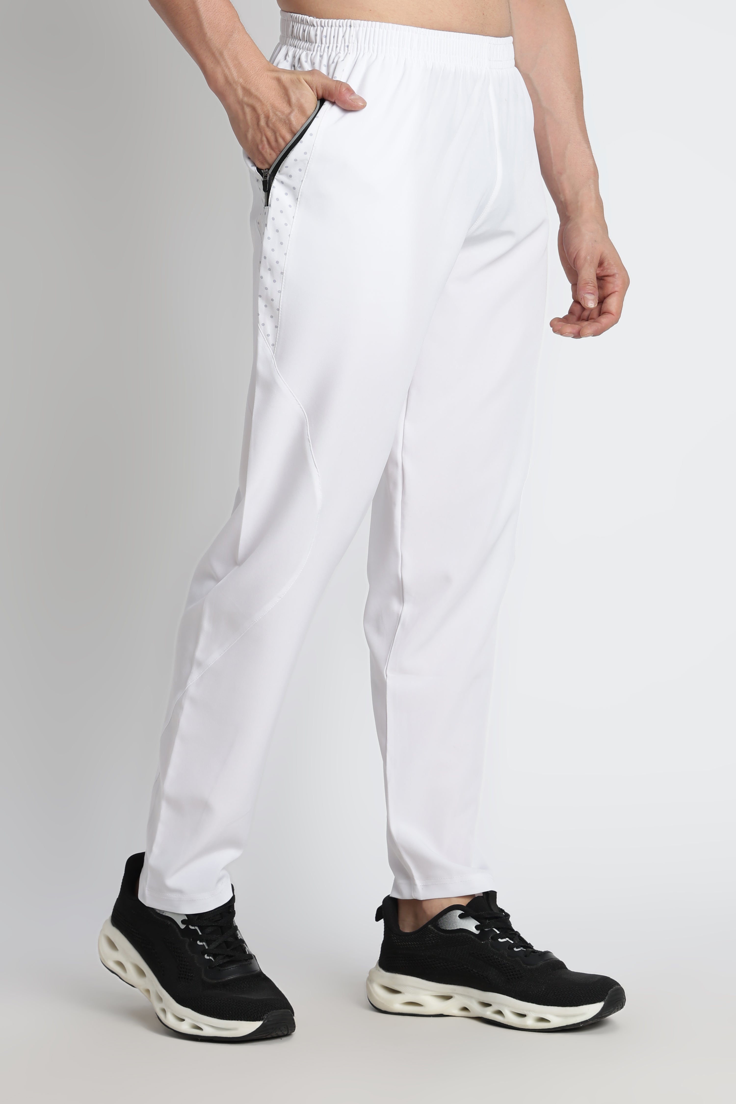 XTEX White Track pants with Gray Polka-Dot Pocket & Elastic Waist