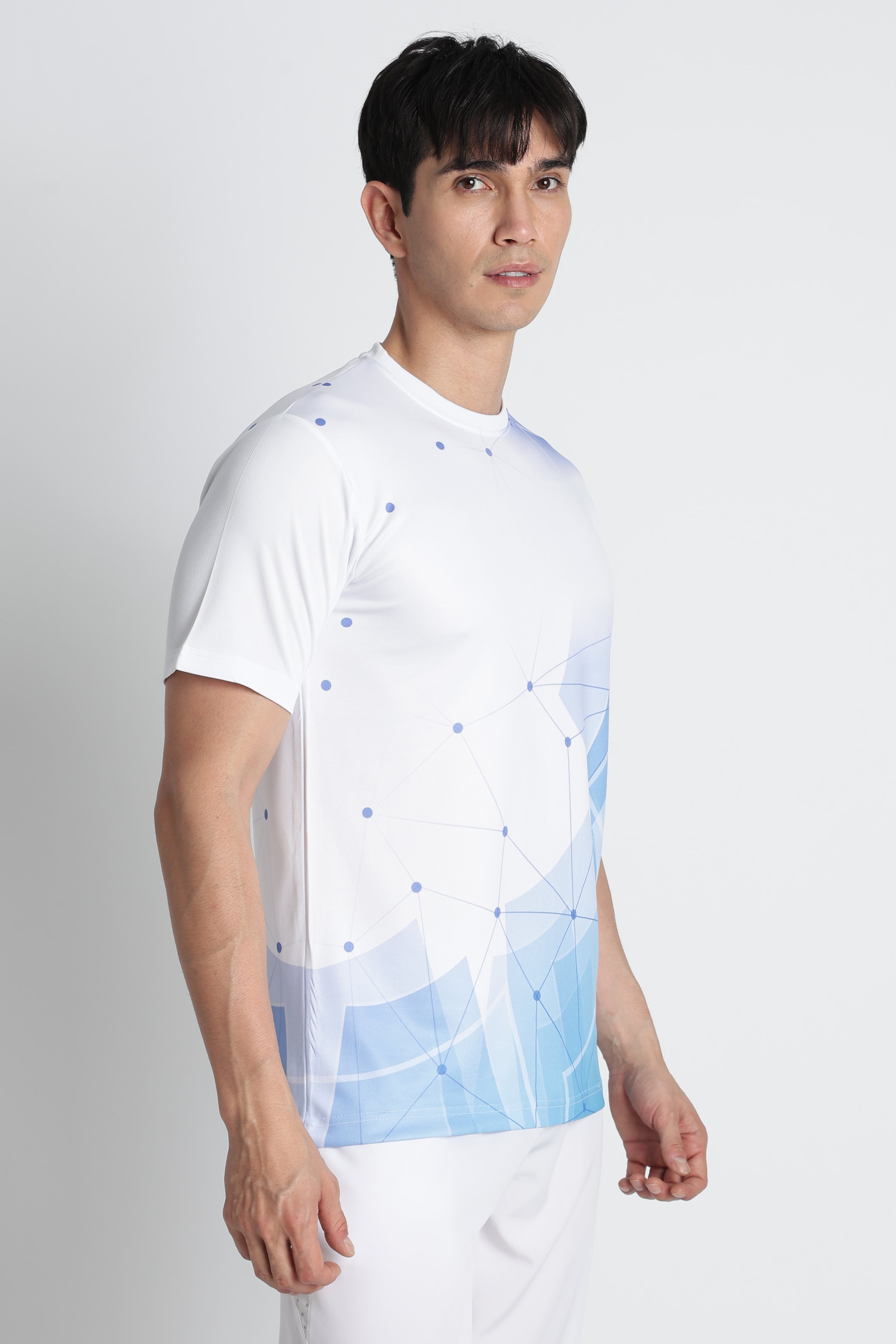 White Jersey Tee with Blue Geometric Design – Breathable Athleisure Shirt