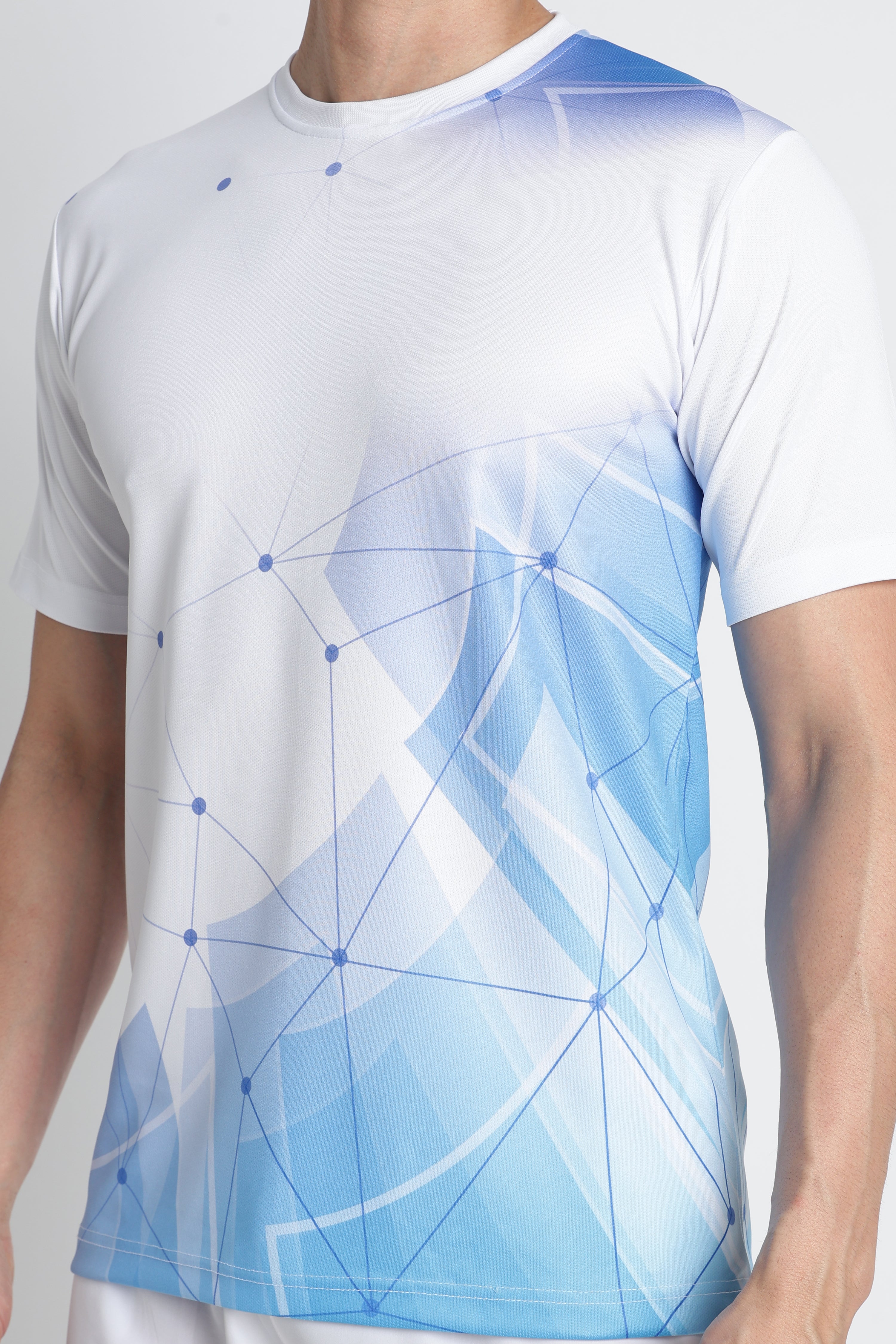 White Jersey Tee with Blue Geometric Design – Breathable Athleisure Shirt