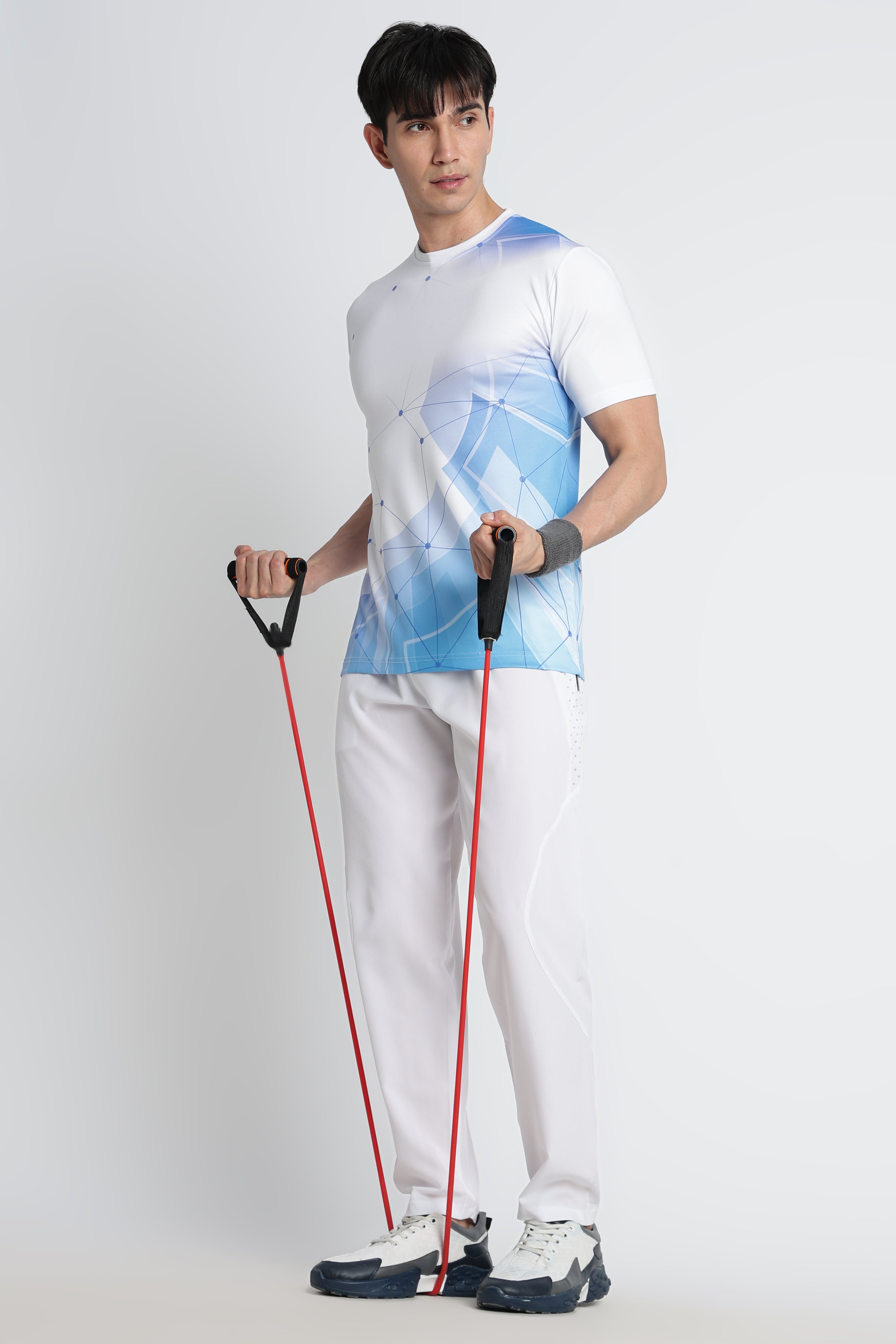 White Jersey Tee with Blue Geometric Design – Breathable Athleisure Shirt