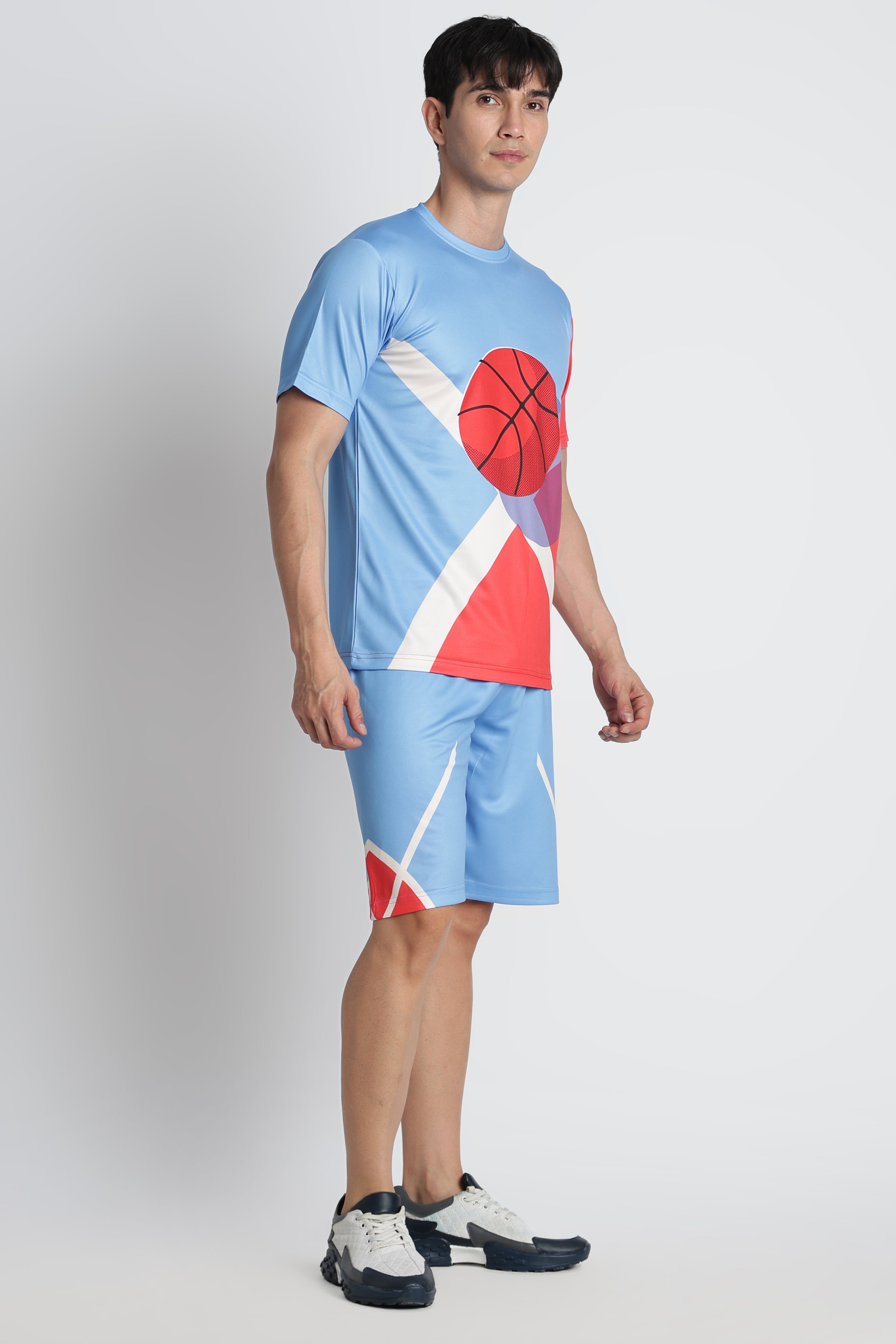 Light Blue Basketball Jersey with Red Graphic – Moisture-Wicking Performance Tee