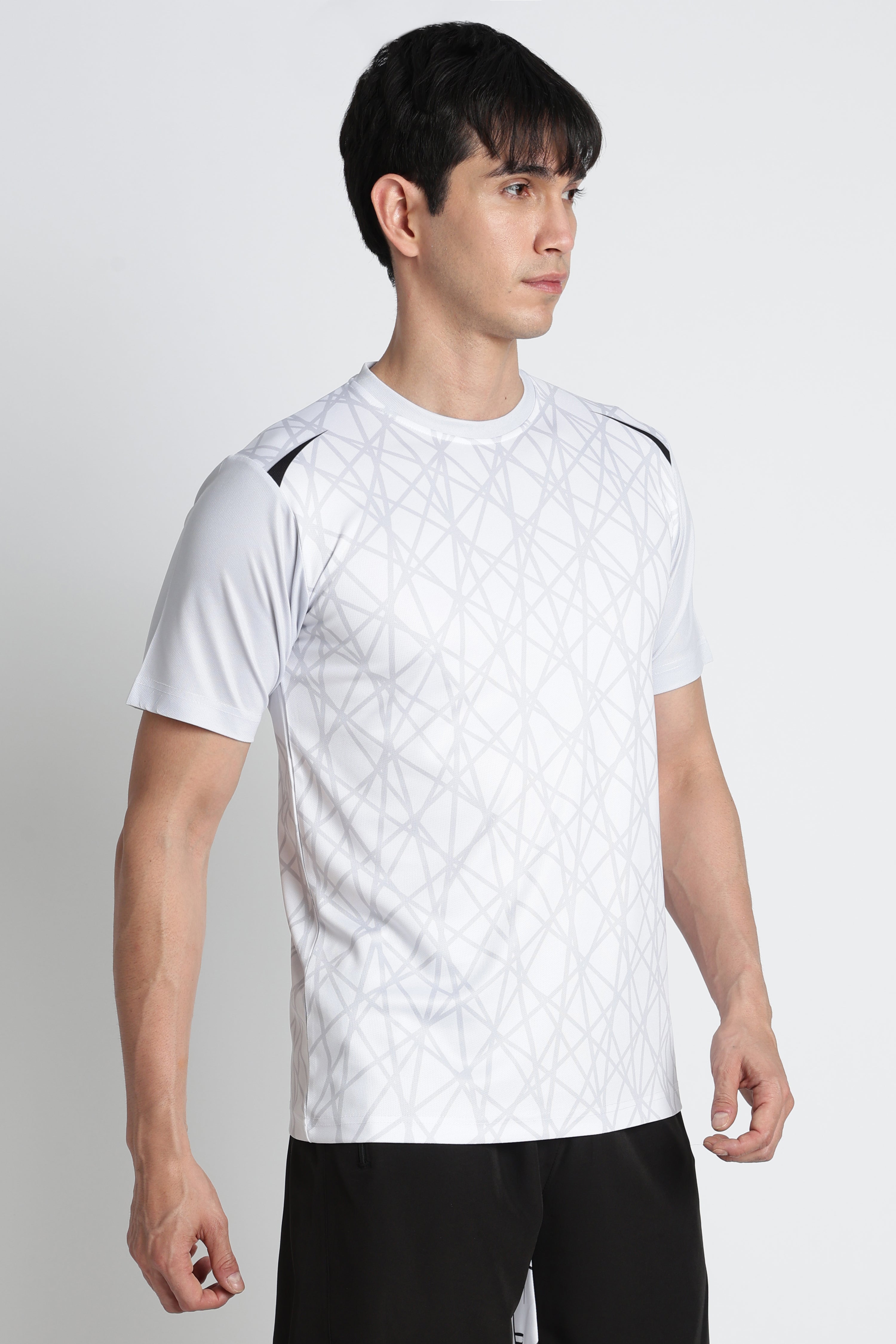 White Geometric Tee – Breathable Activewear for Workouts