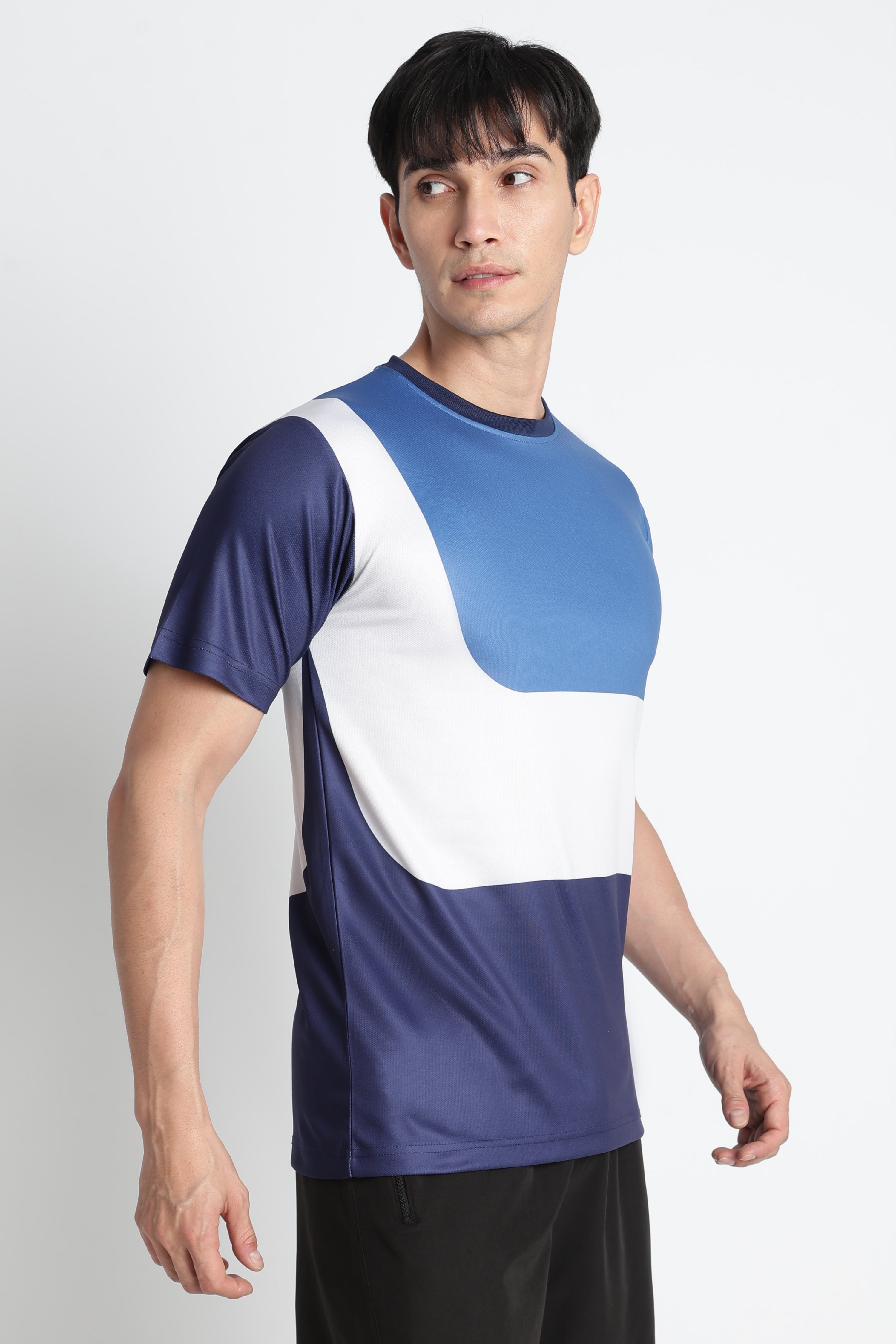 Blue‑White Color‑block Moisture‑Wicking Active Tee – Breathable Gym & Running T‑shirt