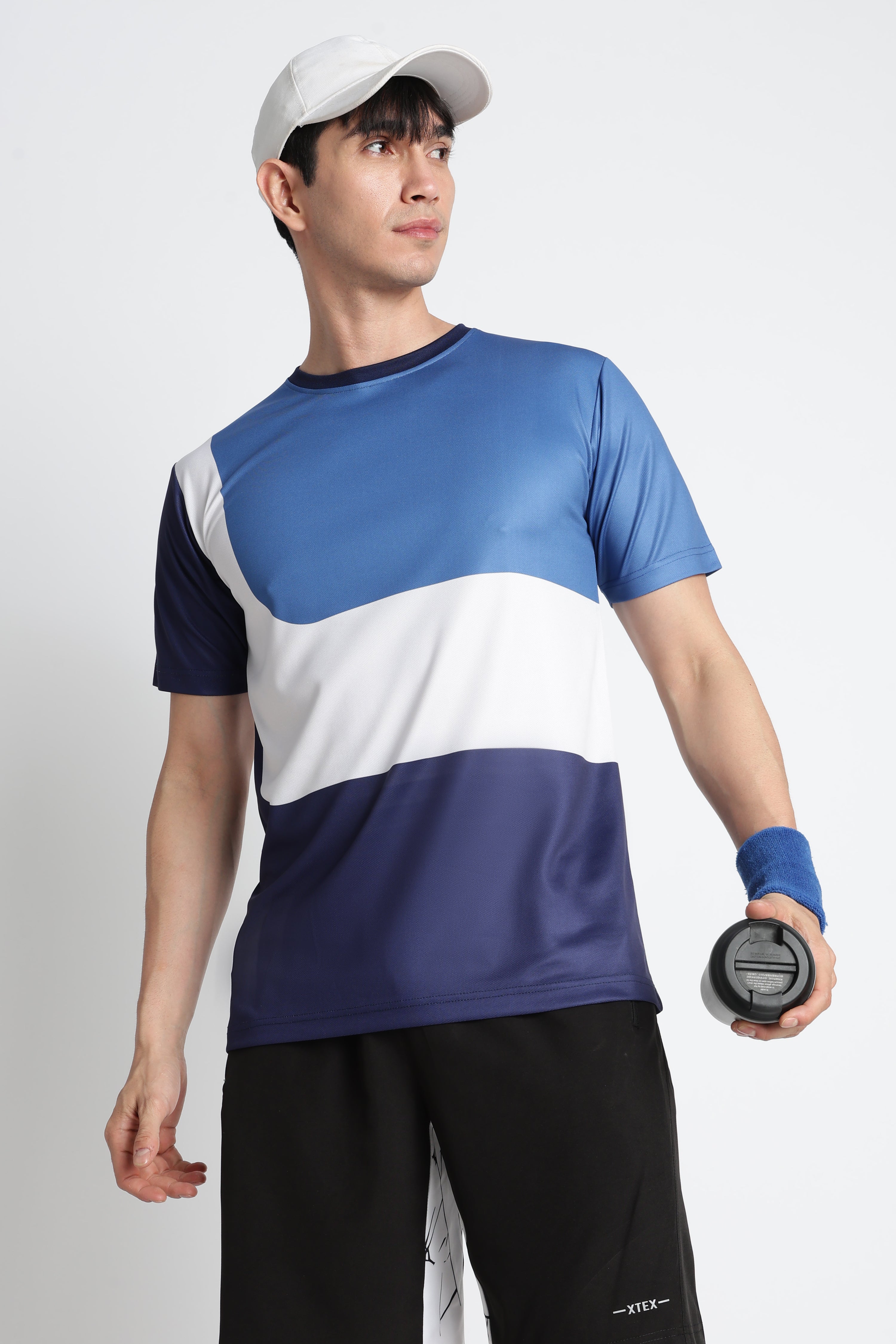Blue‑White Color‑block Moisture‑Wicking Active Tee – Breathable Gym & Running T‑shirt