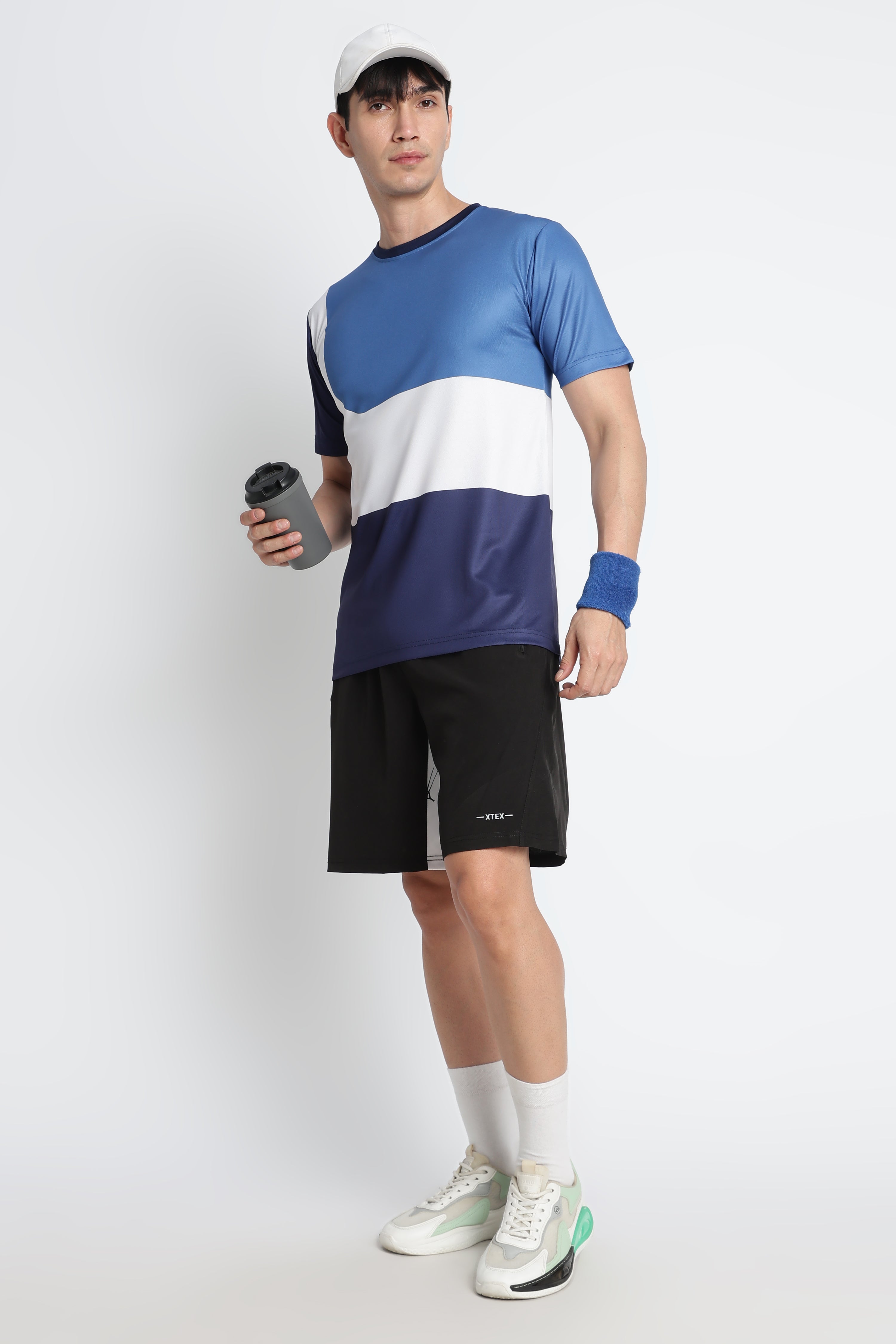 Blue‑White Color‑block Moisture‑Wicking Active Tee – Breathable Gym & Running T‑shirt