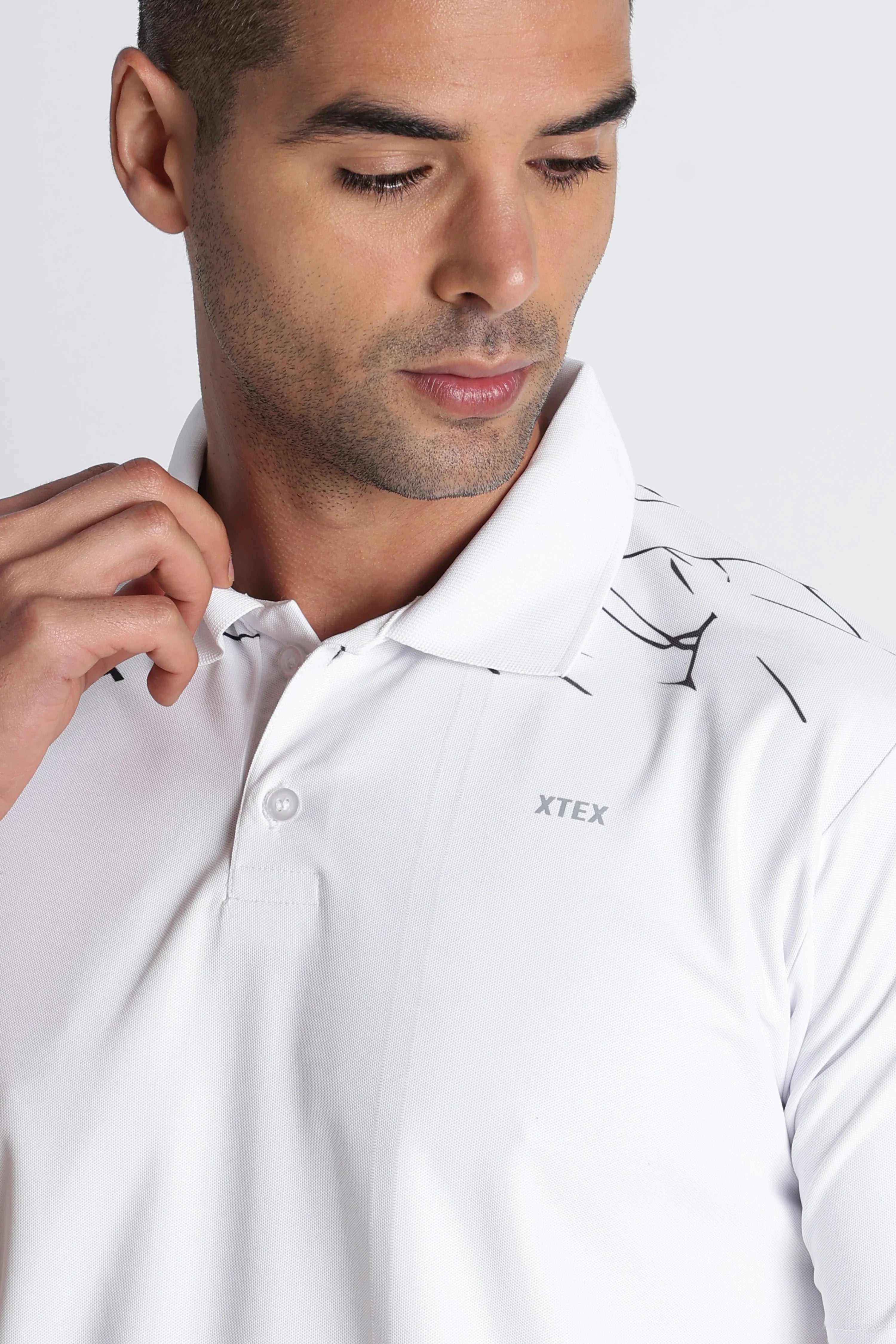 XTEX White Polo Shirt with Abstract Designs - Modern Business Casual
