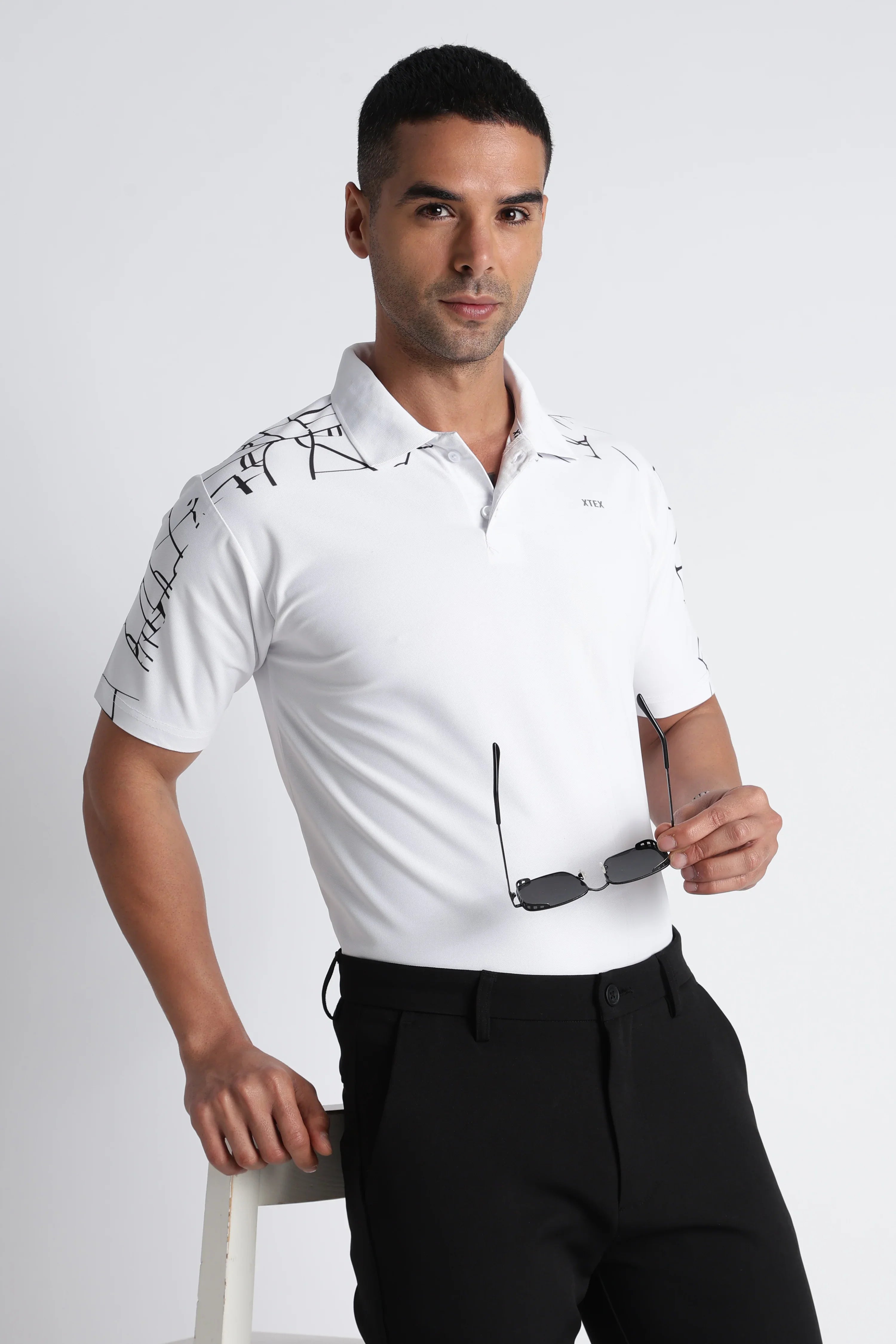XTEX White Polo Shirt with Abstract Designs - Modern Business Casual