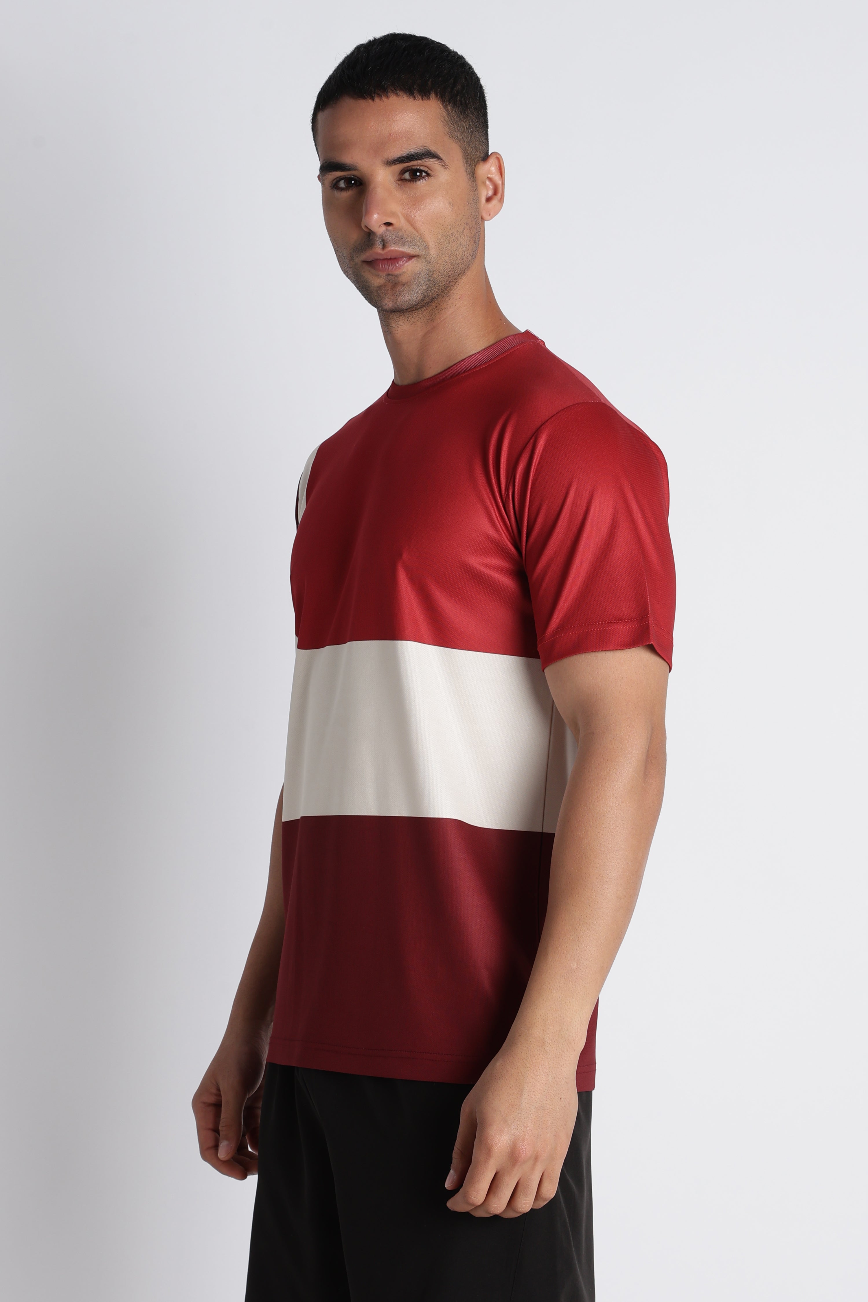 Red & White Colour‑Blocked Athletic T‑Shirt – Breathable Sporty Tee for Men