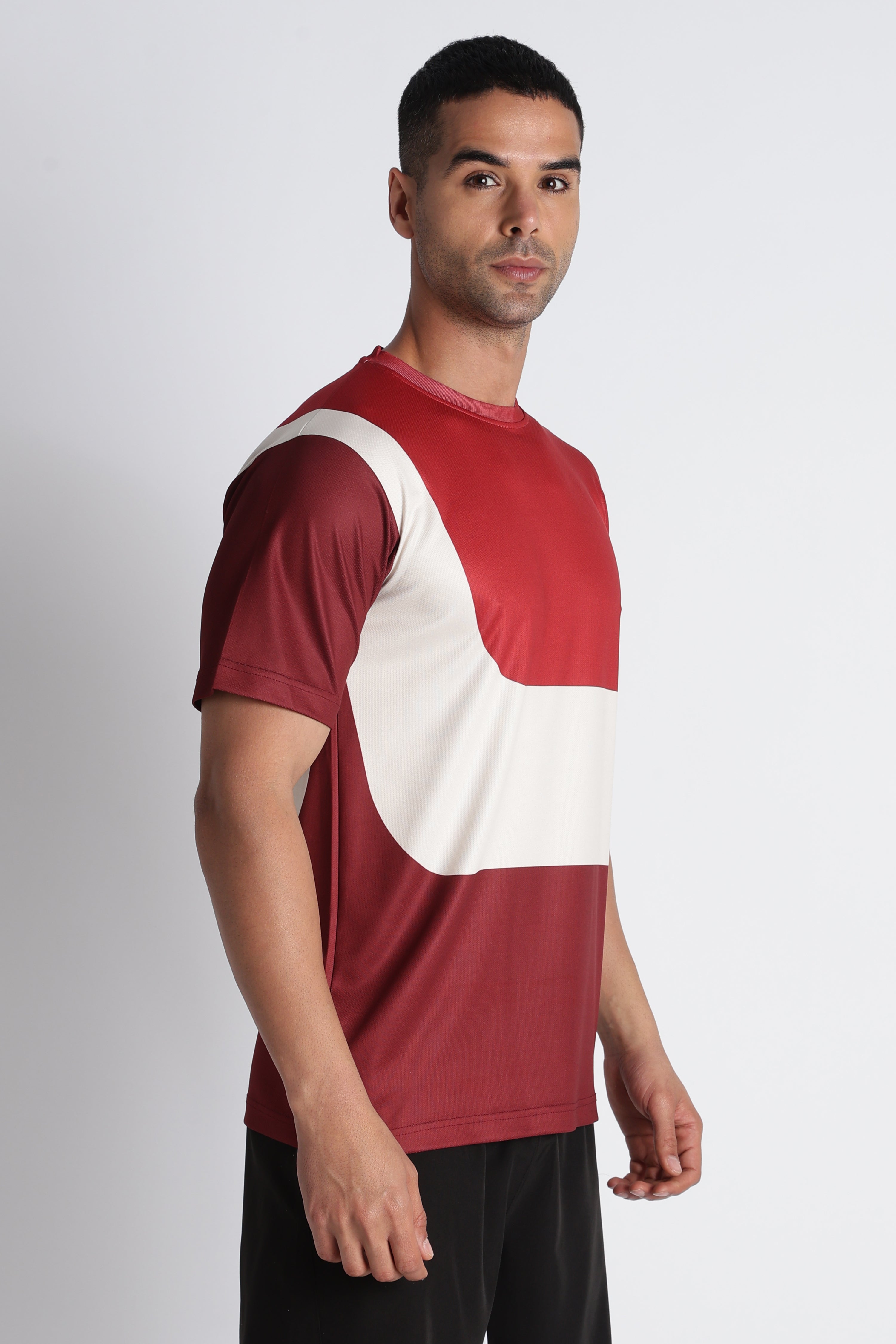 Red & White Colour‑Blocked Athletic T‑Shirt – Breathable Sporty Tee for Men