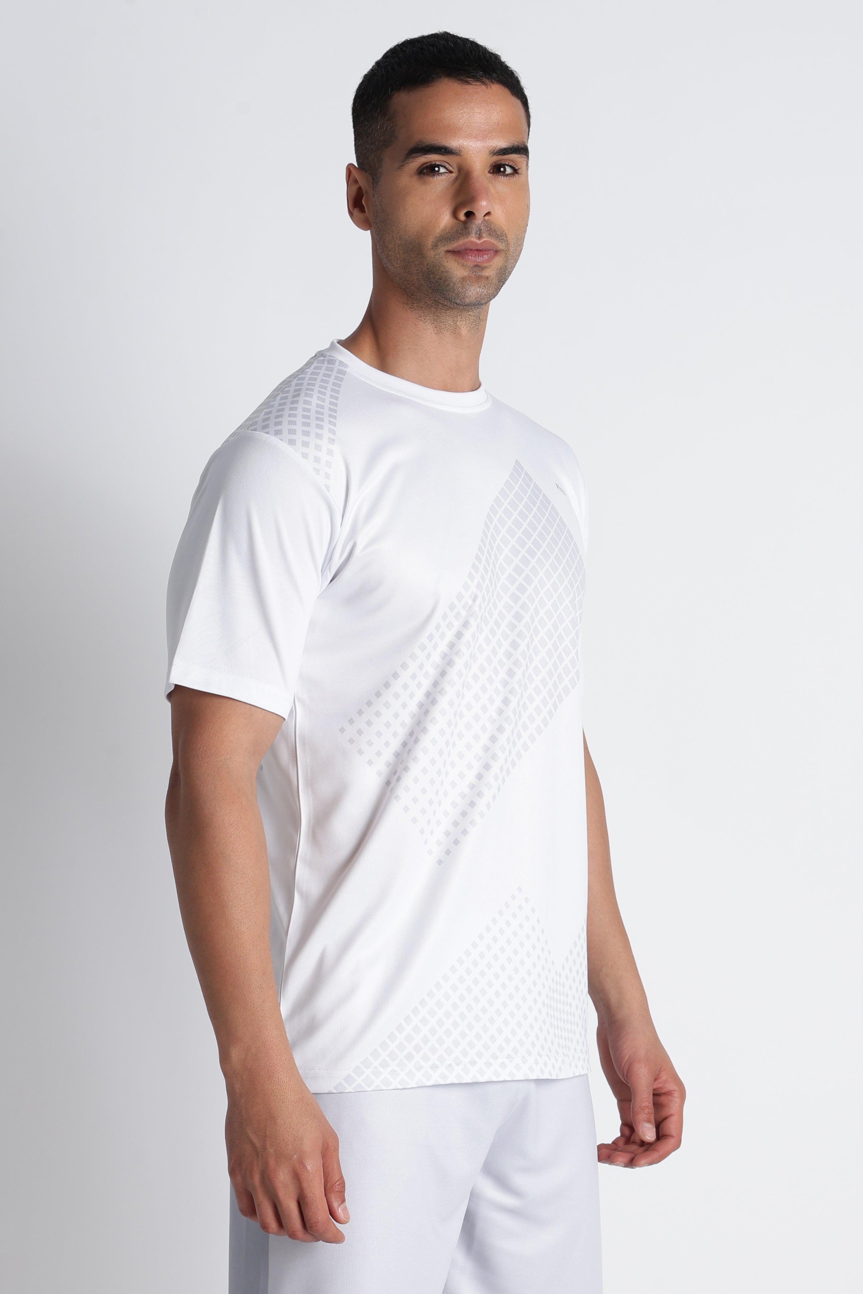 XTEX White Performance T‑Shirt with Gray Diamond‑Grid Pattern