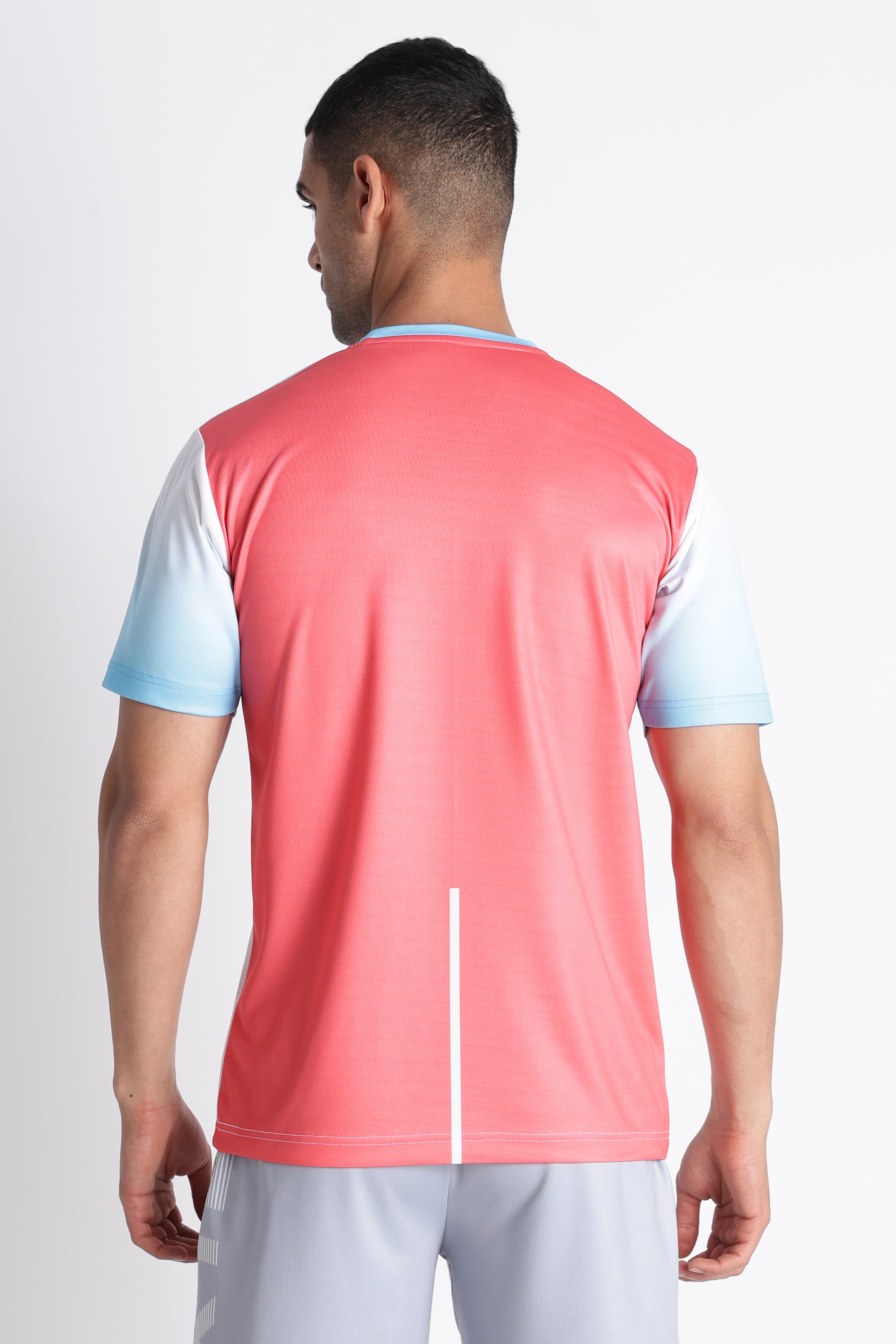 Blue Pink Gradient Tee with White Shorts | Sporty Casual Outfit