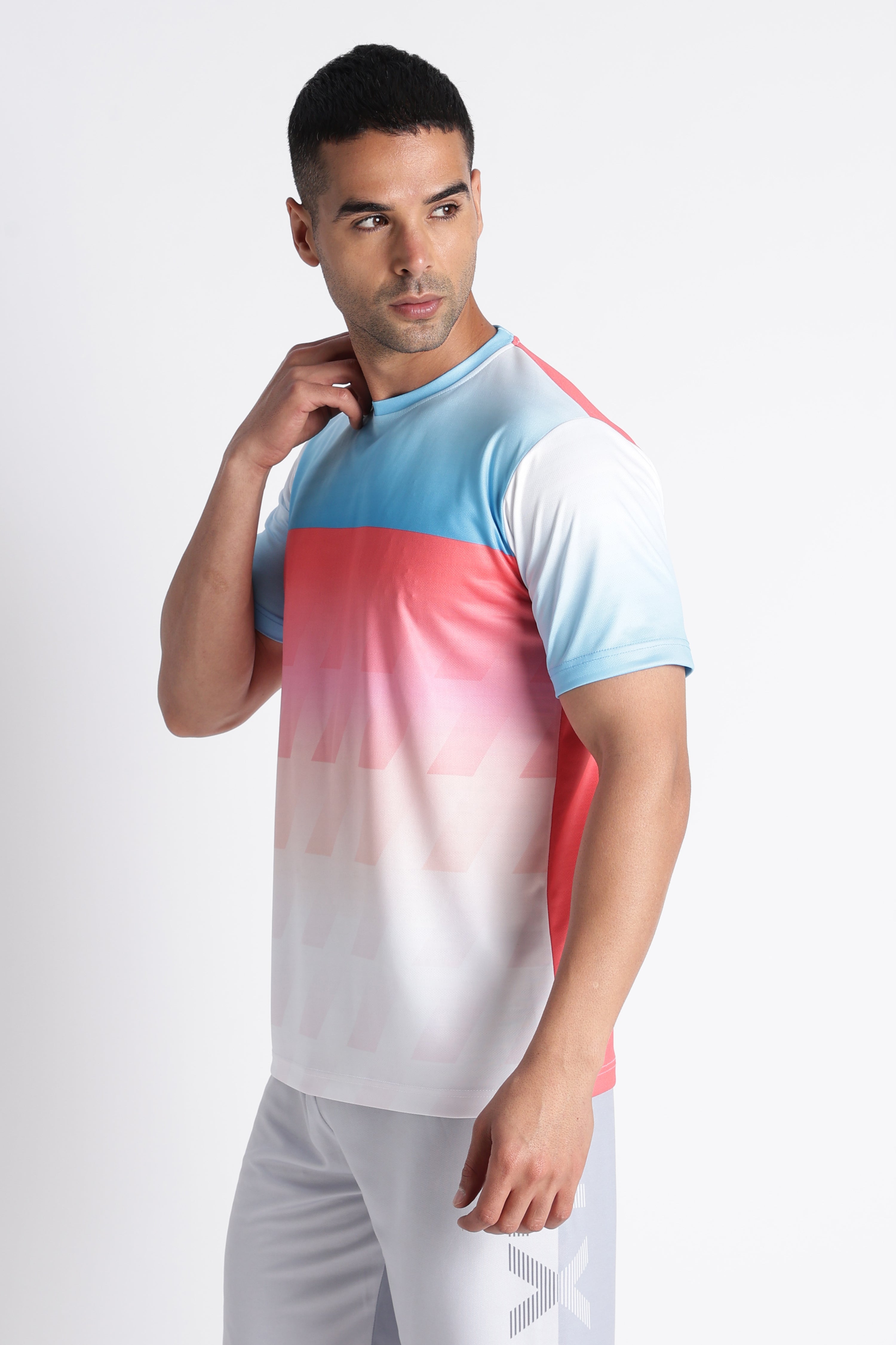Blue Pink Gradient Tee with White Shorts | Sporty Casual Outfit