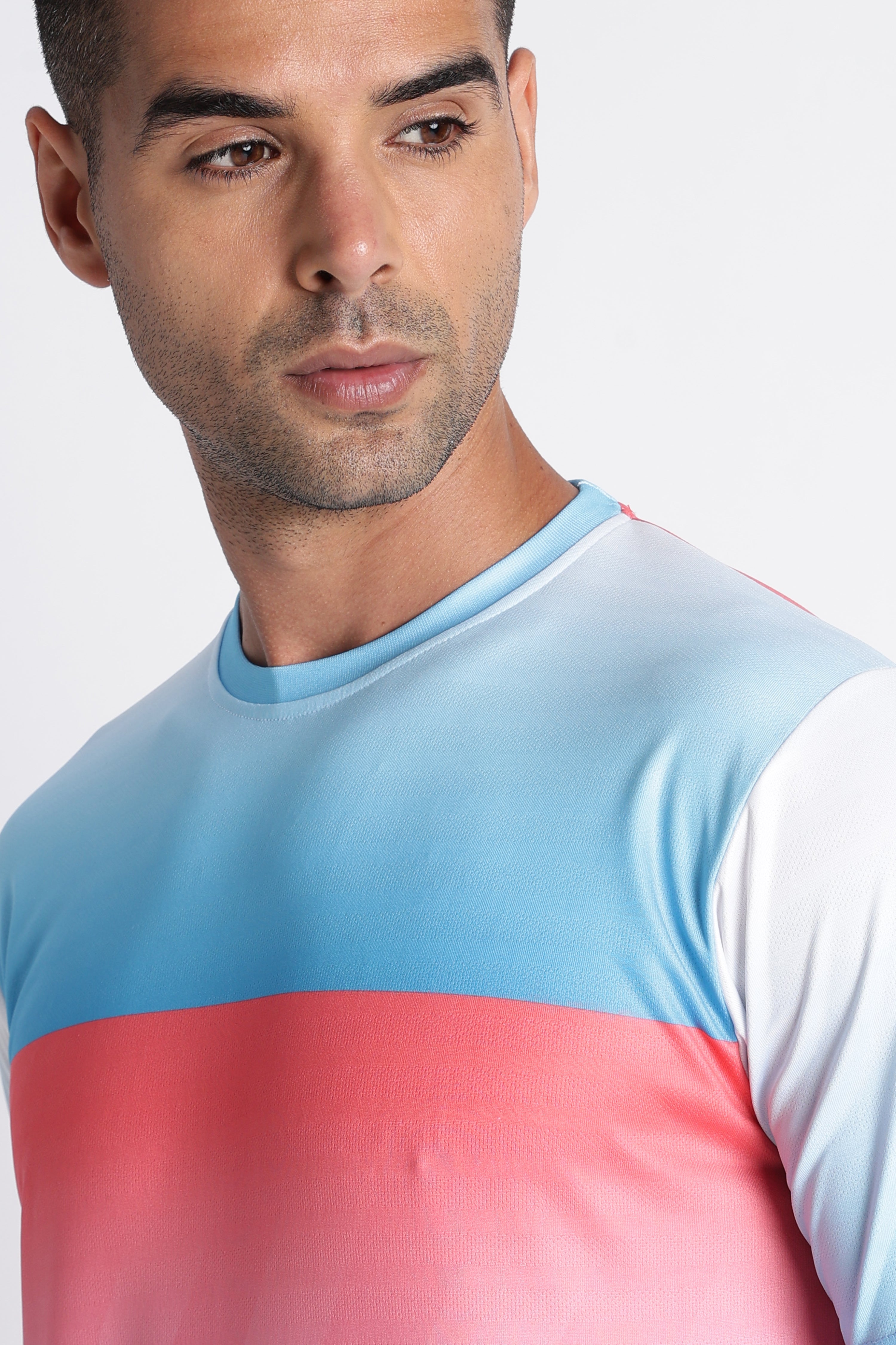 Blue Pink Gradient Tee with White Shorts | Sporty Casual Outfit