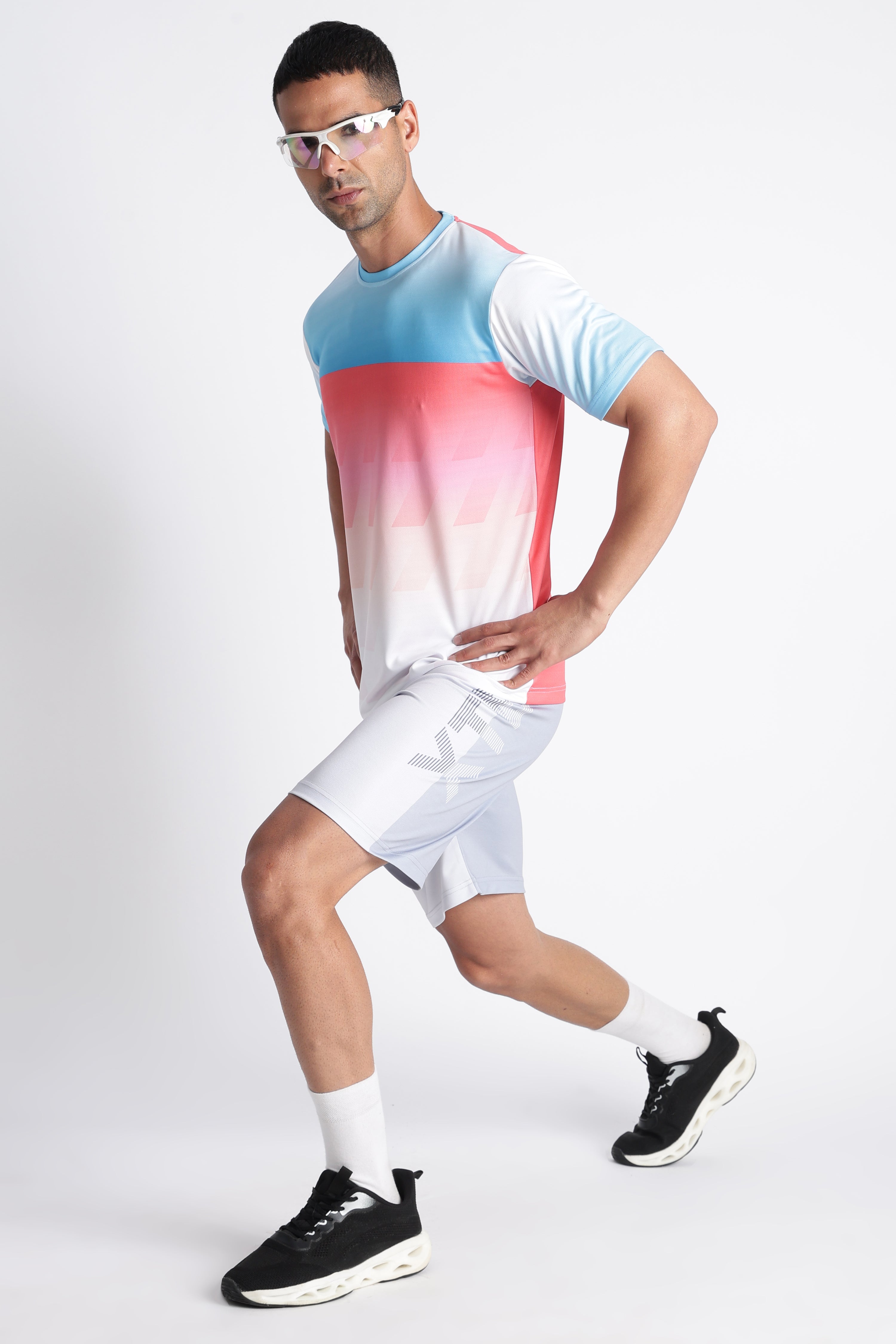 Blue Pink Gradient Tee with White Shorts | Sporty Casual Outfit