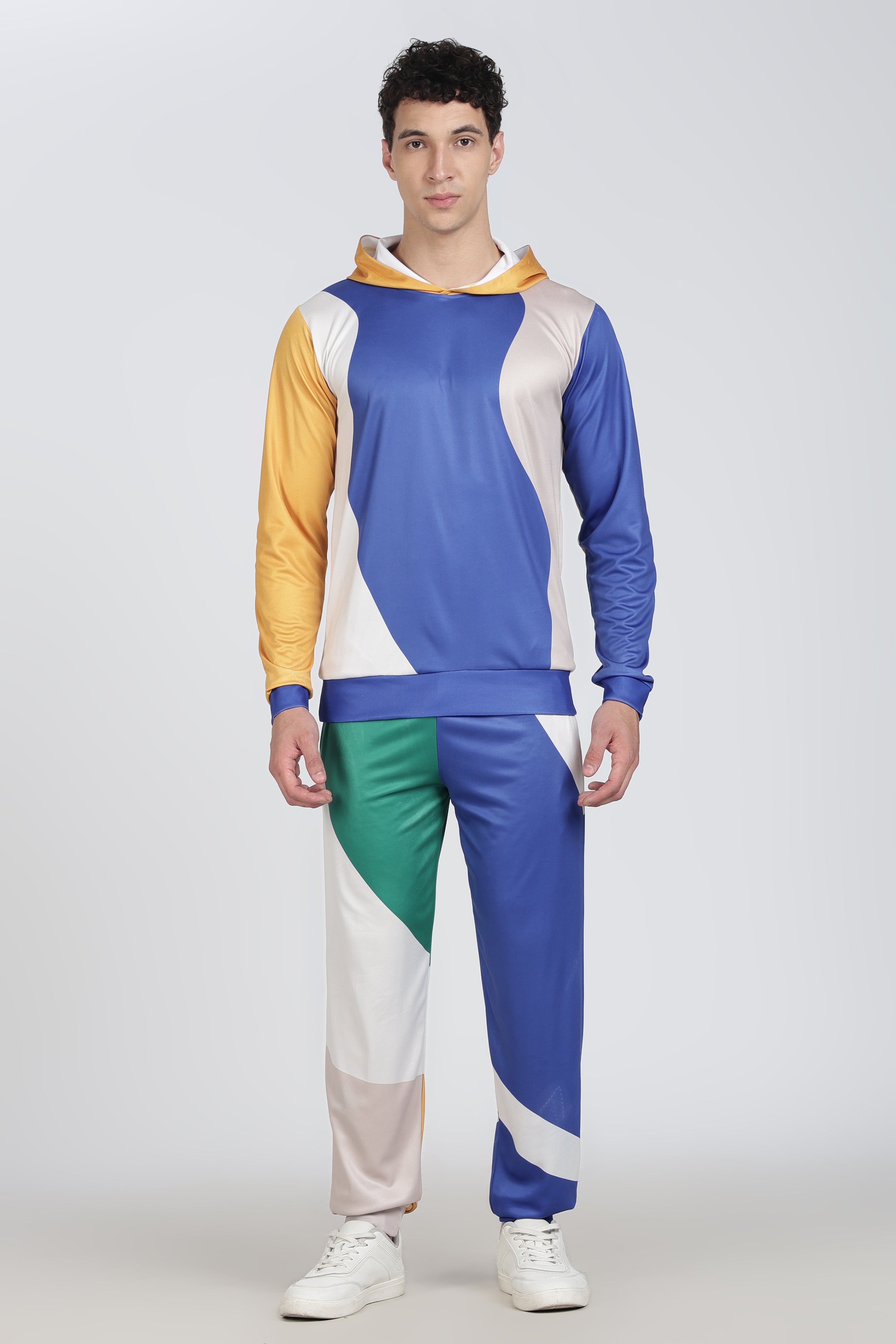 Blue White Yellow Green Colour block Active Wear Hoodie Set