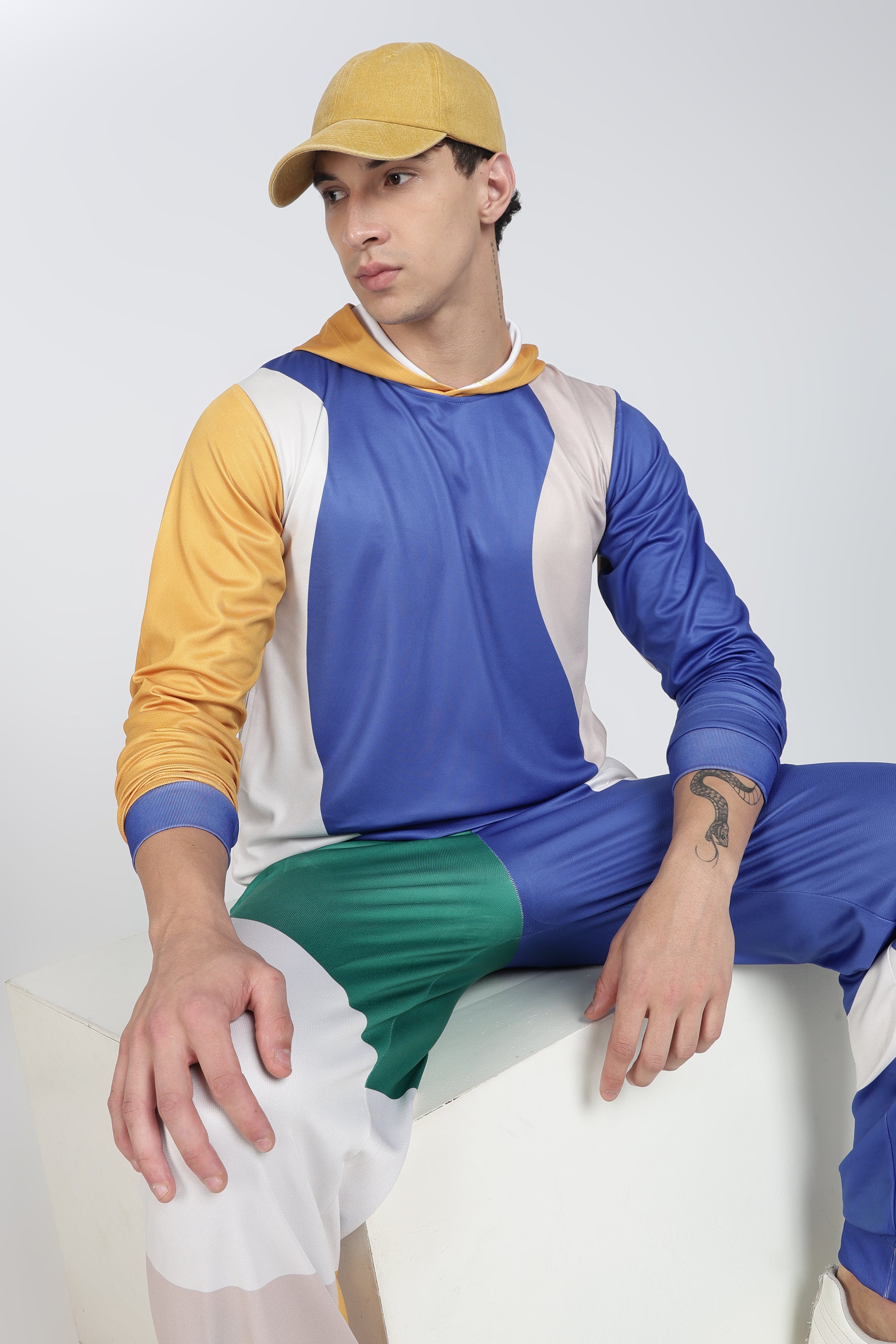 Blue White Yellow Green Colour block Active Wear Hoodie Set