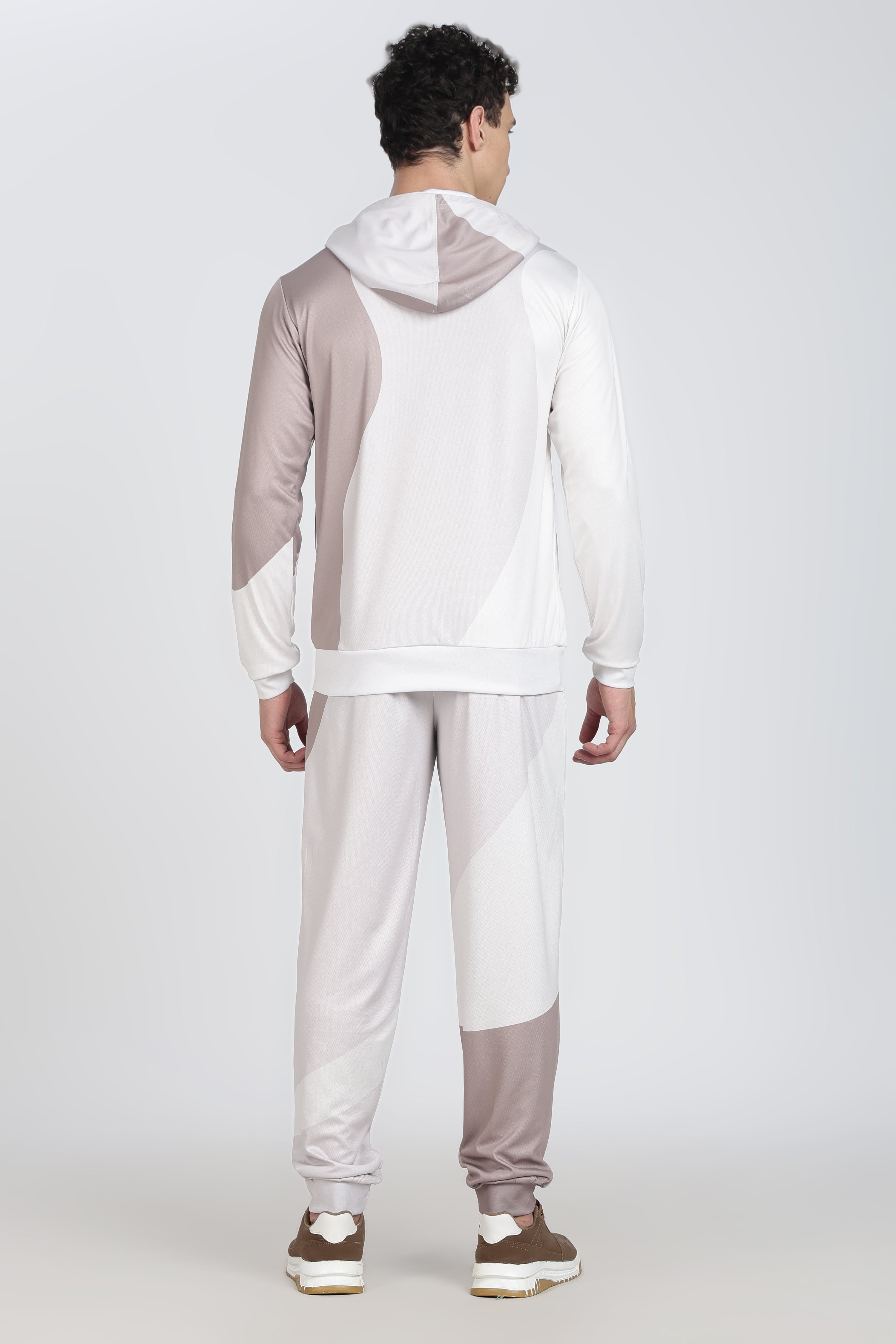 White & Beige Color block Hooded Athletic Jacket – Sporty Performance Hoodies