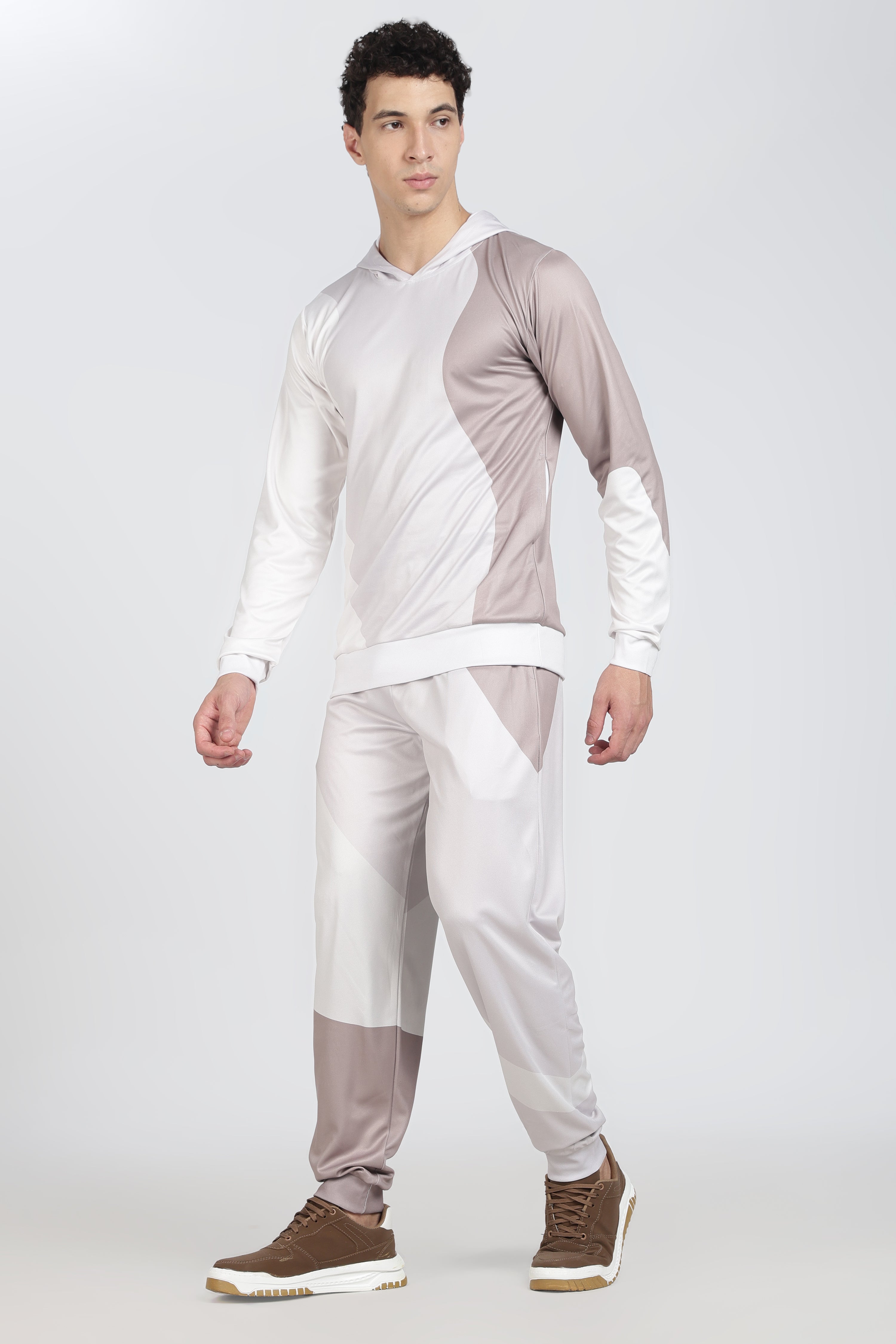 White & Beige Color block Hooded Athletic Jacket – Sporty Performance Hoodies