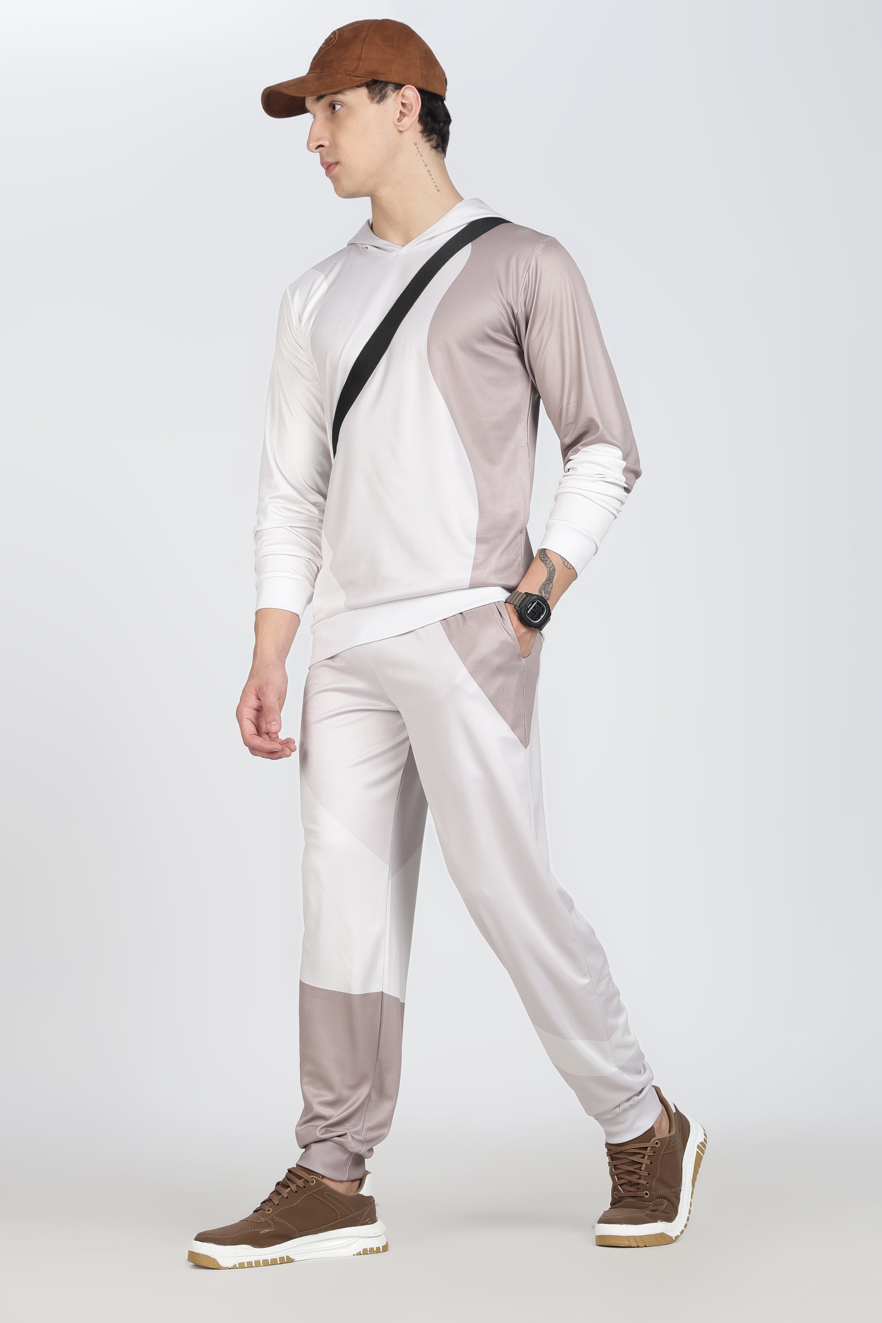 White & Beige Color block Hooded Athletic Jacket – Sporty Performance Hoodies