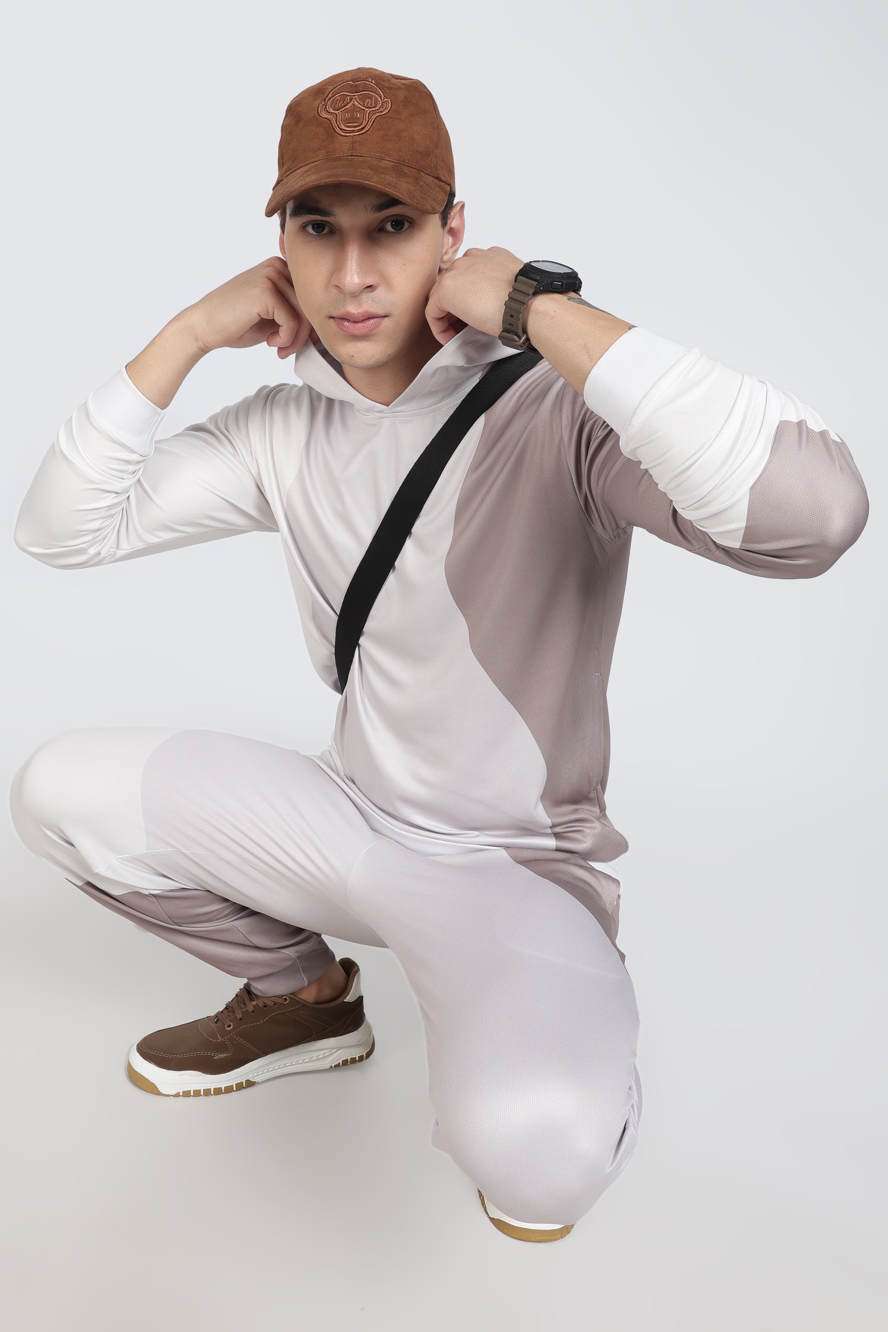 White & Beige Color block Hooded Athletic Jacket – Sporty Performance Hoodies