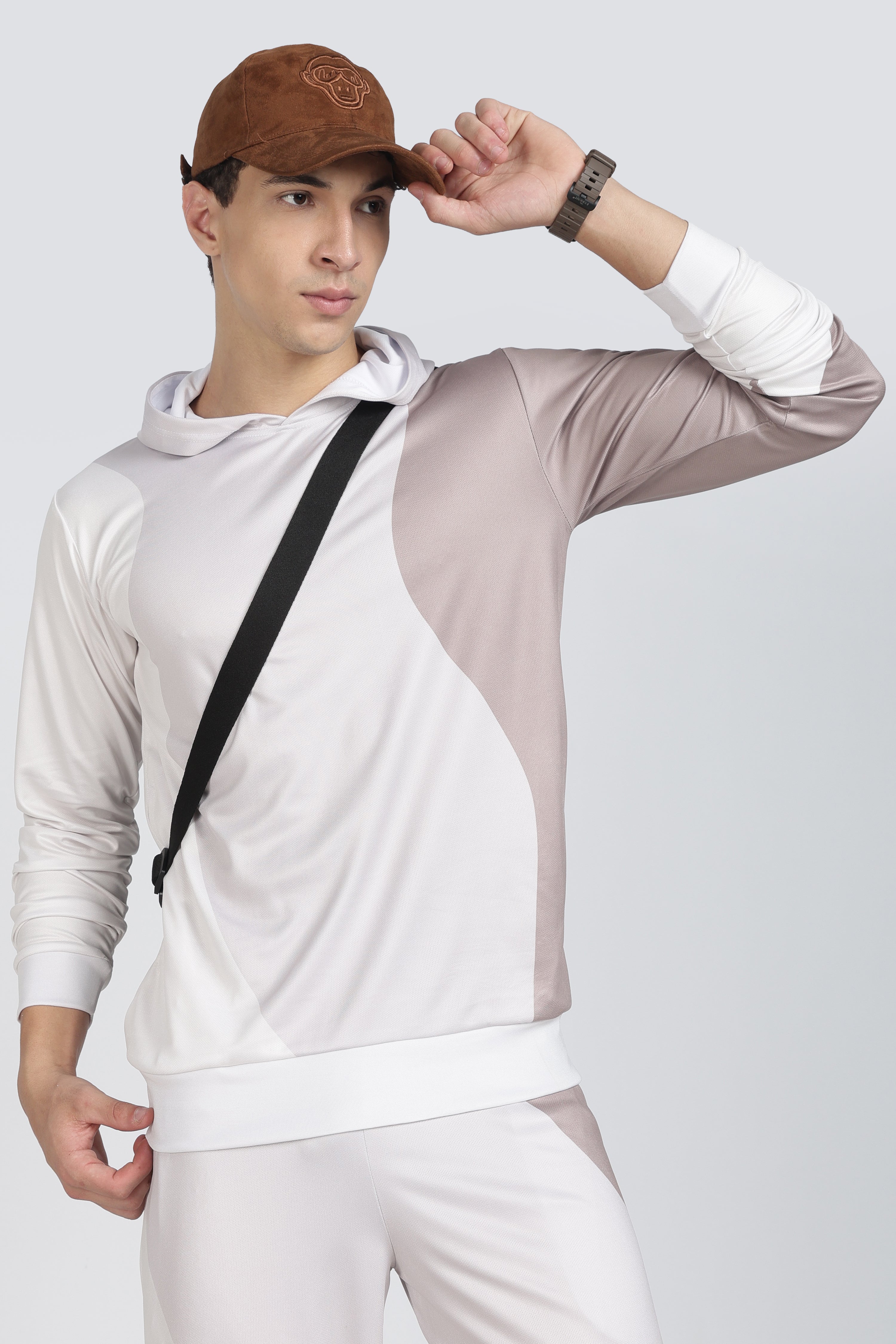 White & Beige Color block Hooded Athletic Jacket – Sporty Performance Hoodies