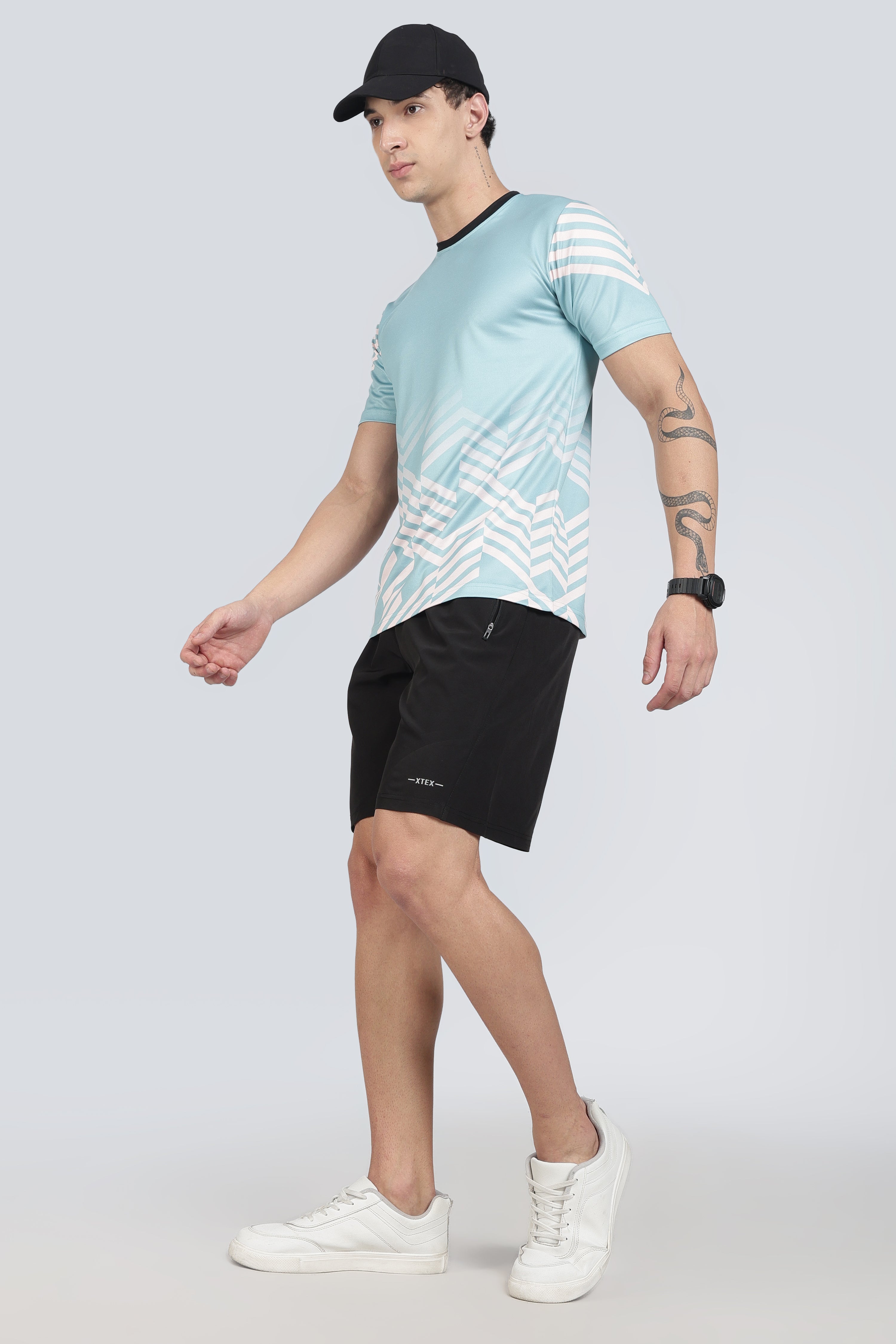 Light Blue Geometric Chevron Performance Tee – Modern Workout T-Shirt