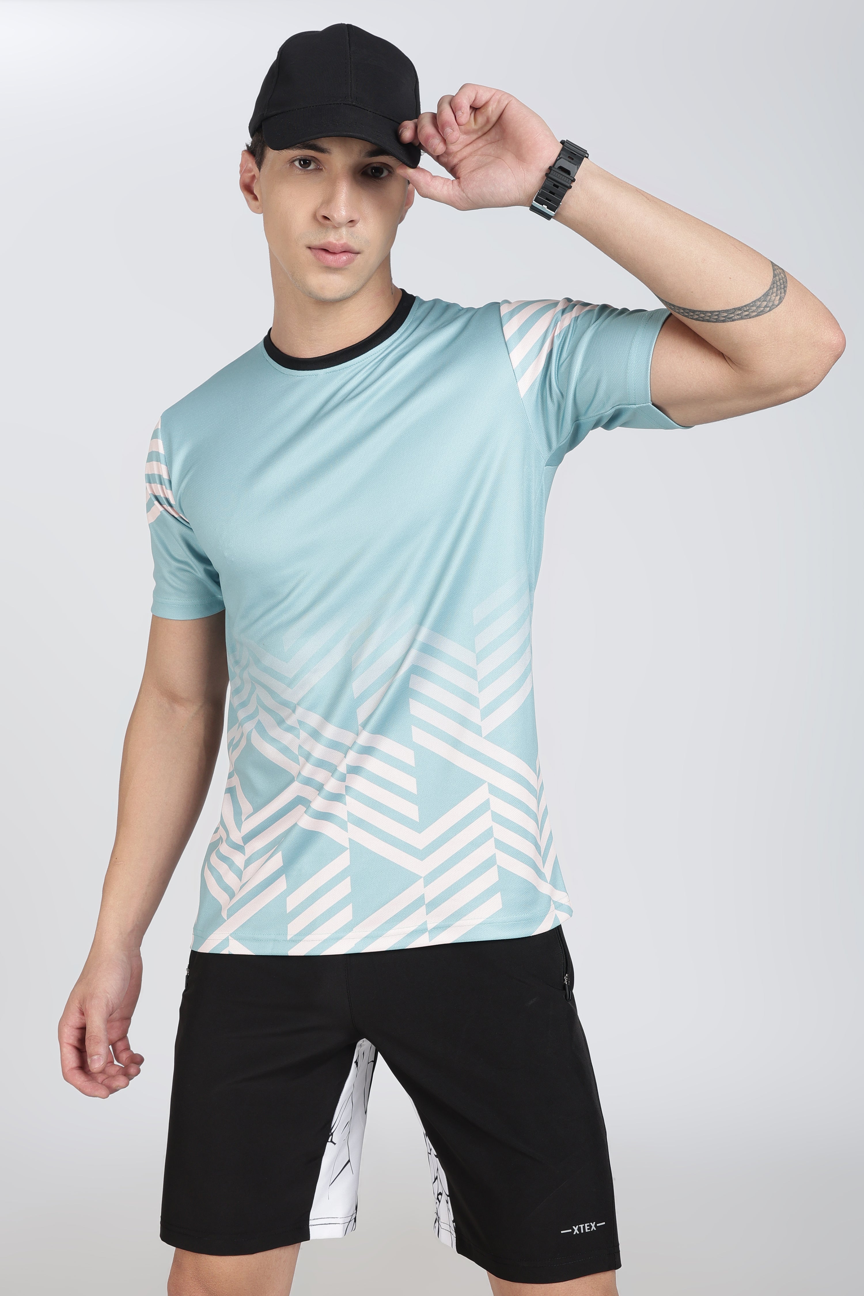 Light Blue Geometric Chevron Performance Tee – Modern Workout T-Shirt
