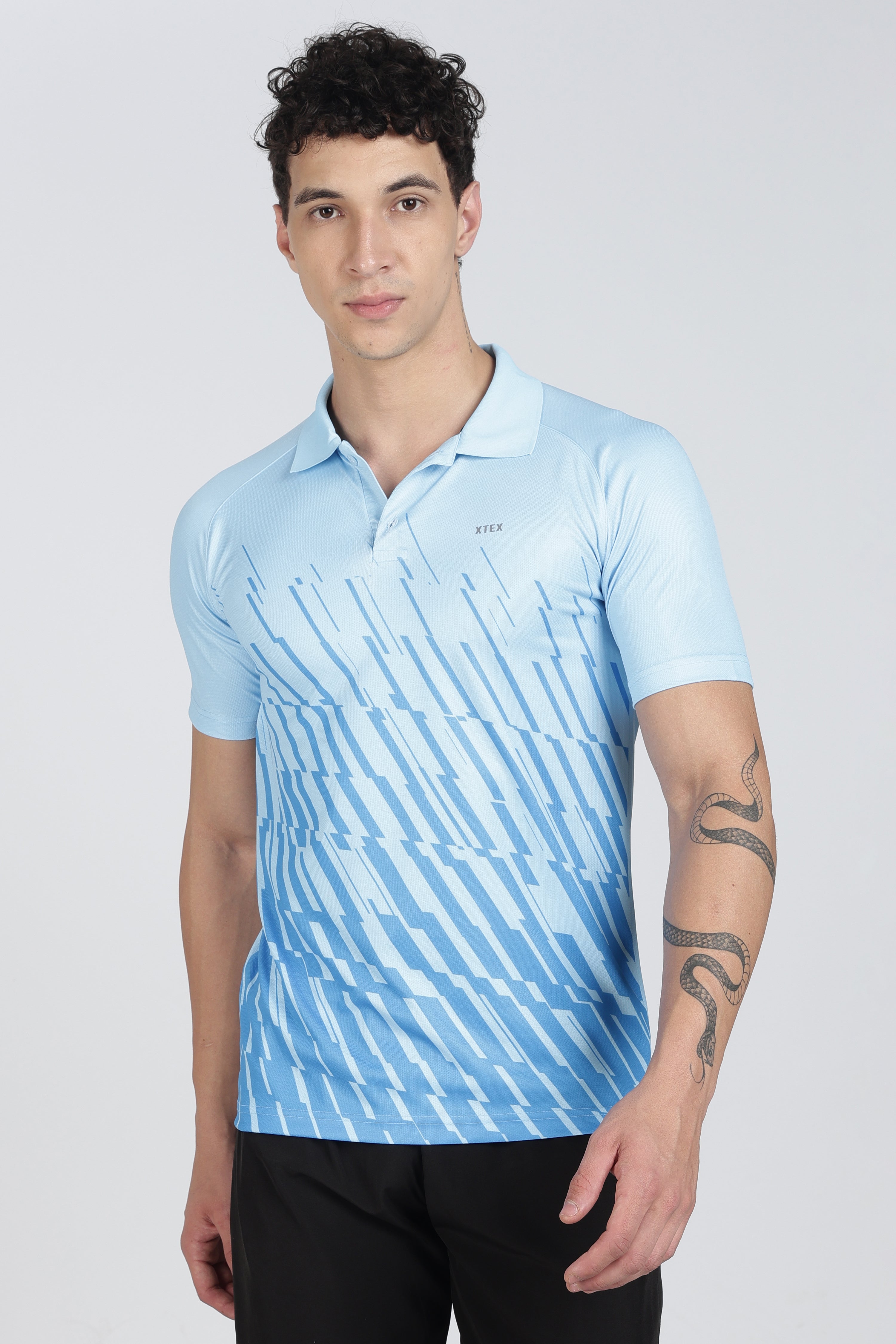 Light Blue Polo – Breathable Diagonal Stripe Activewear for Cricket & Casual