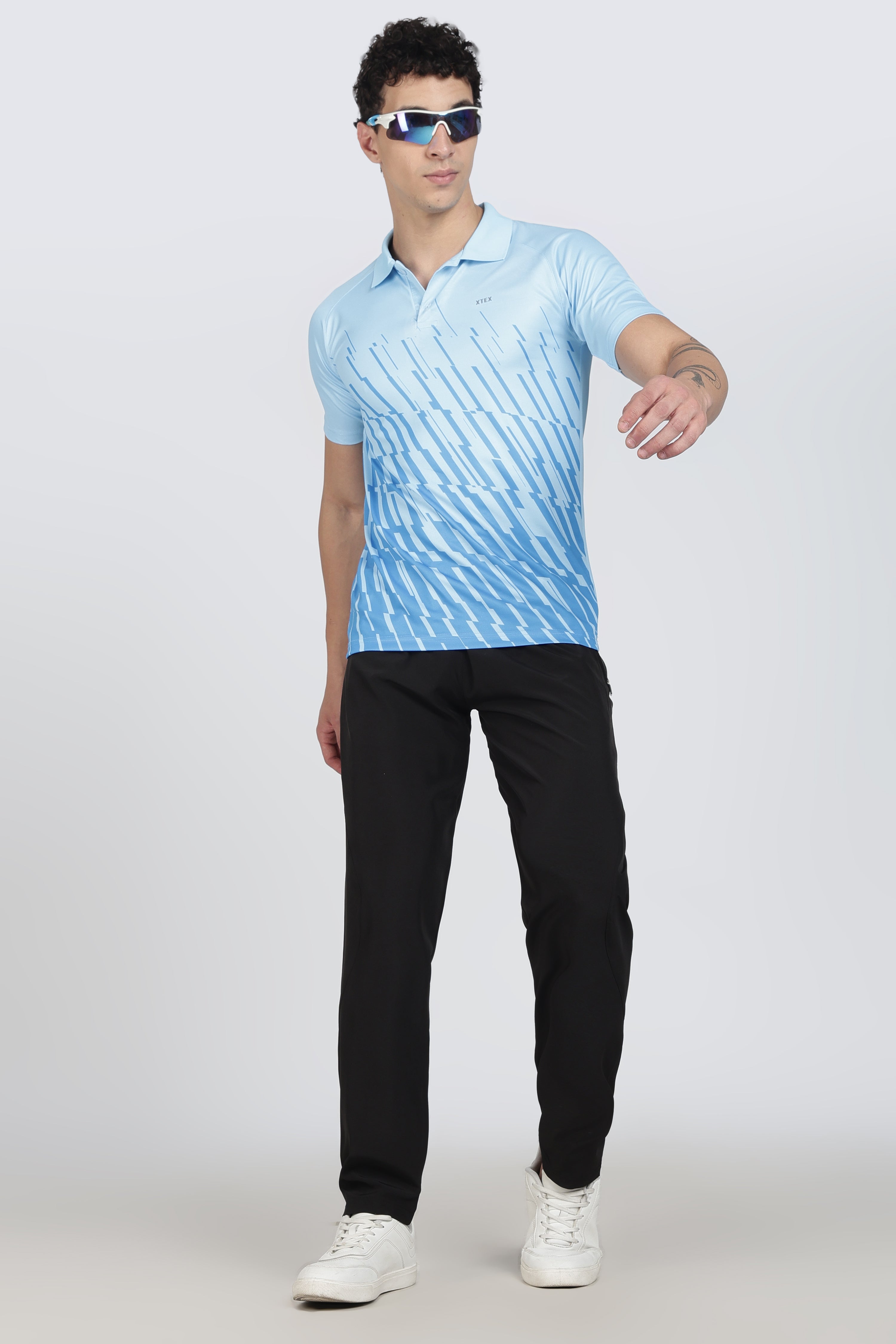 Light Blue Polo – Breathable Diagonal Stripe Activewear for Cricket & Casual