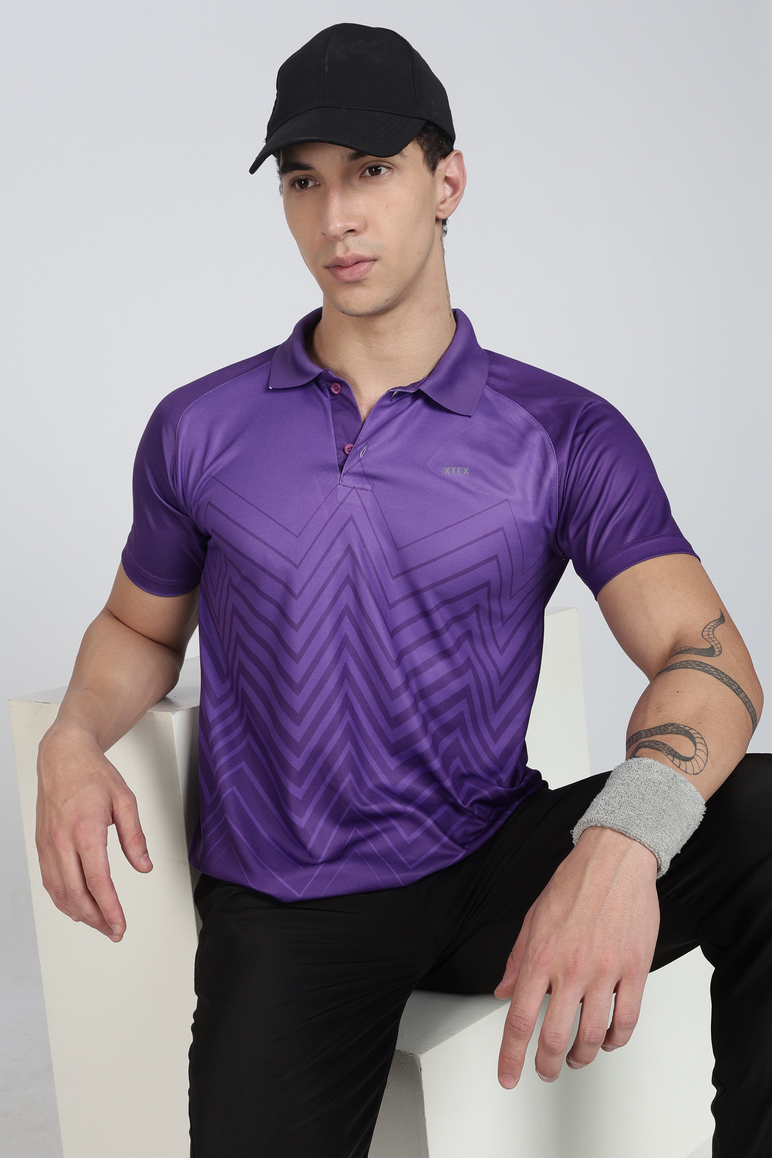 Purple XTEX Performance Polo – Breathable Chevron Stripe for Cricket & Casual