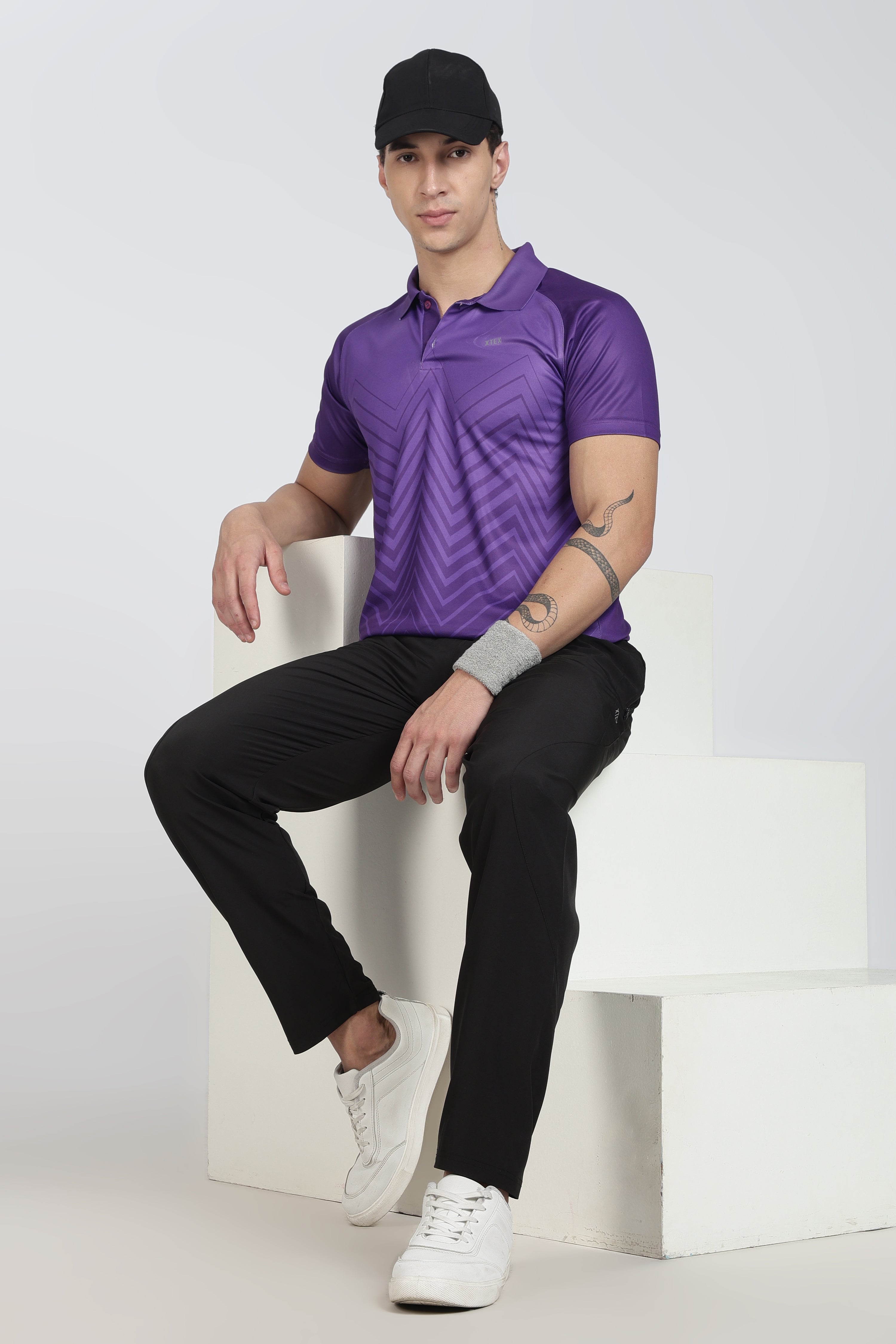 Purple XTEX Performance Polo – Breathable Chevron Stripe for Cricket & Casual