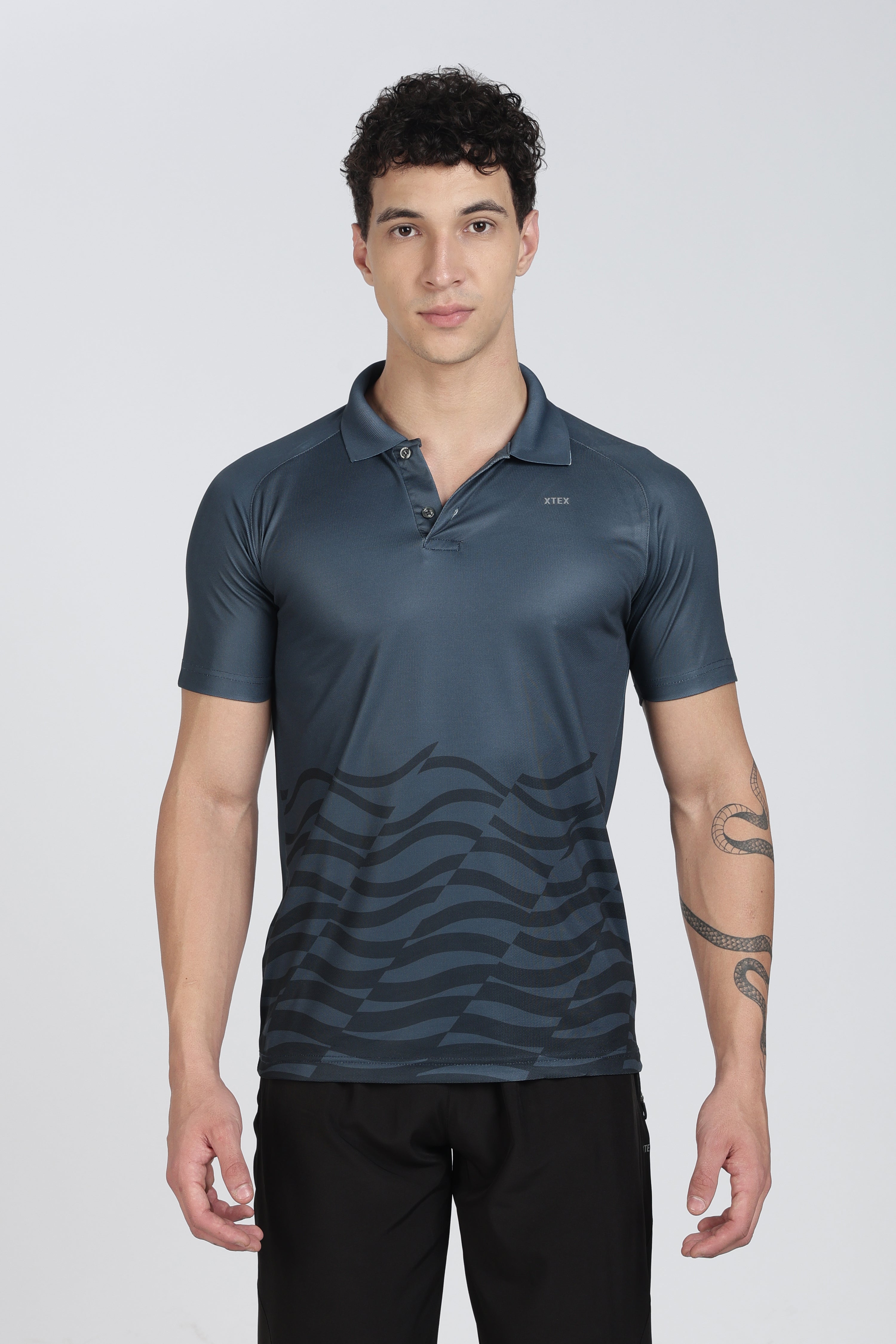 XTEX Blue Performance Polo – Wavy Stripe Athleisure Shirt for Cricket & Active Wear