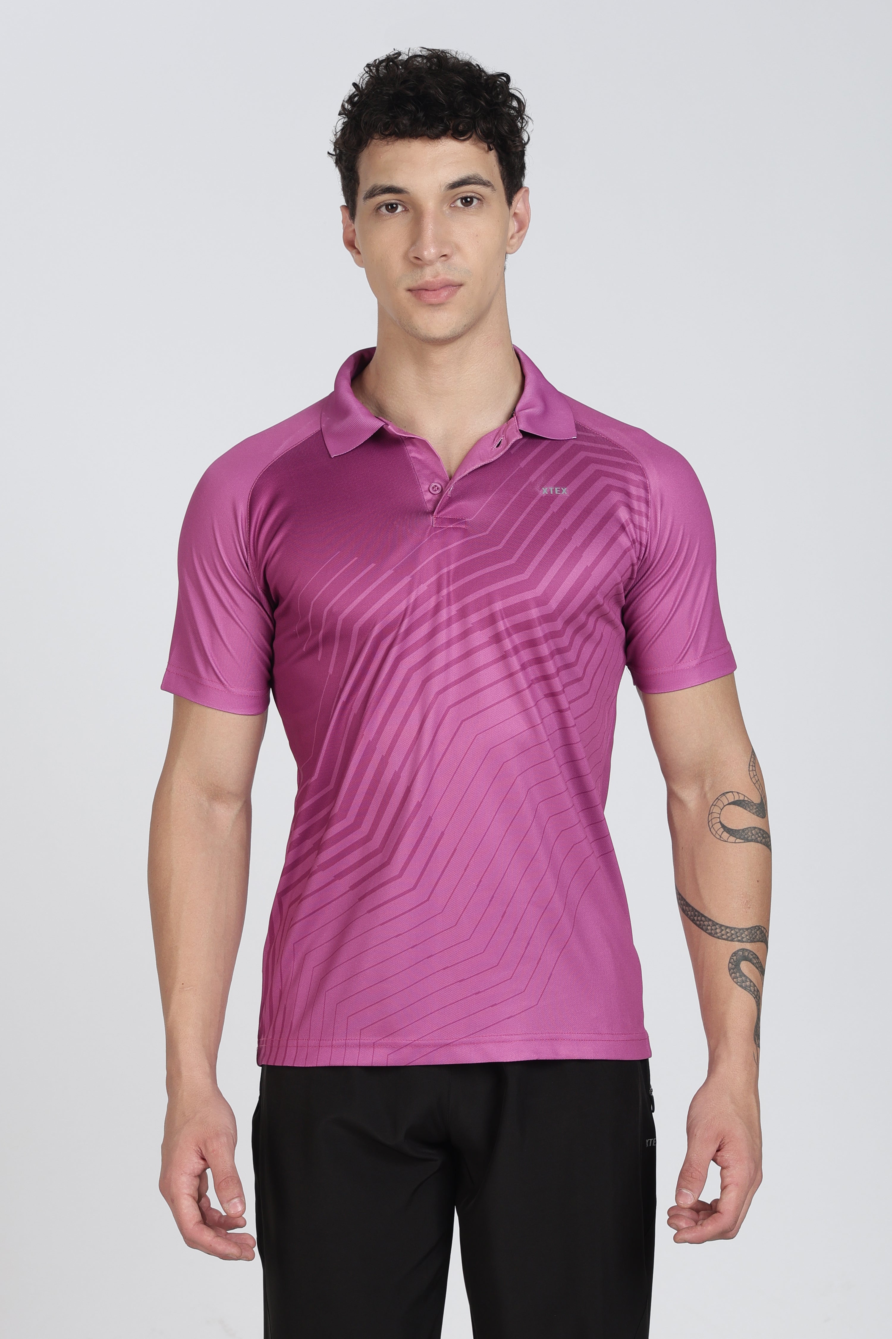 XTEX Pink Performance Polo – Geometric Wave Stripe Shirt for Active Sports & Casual