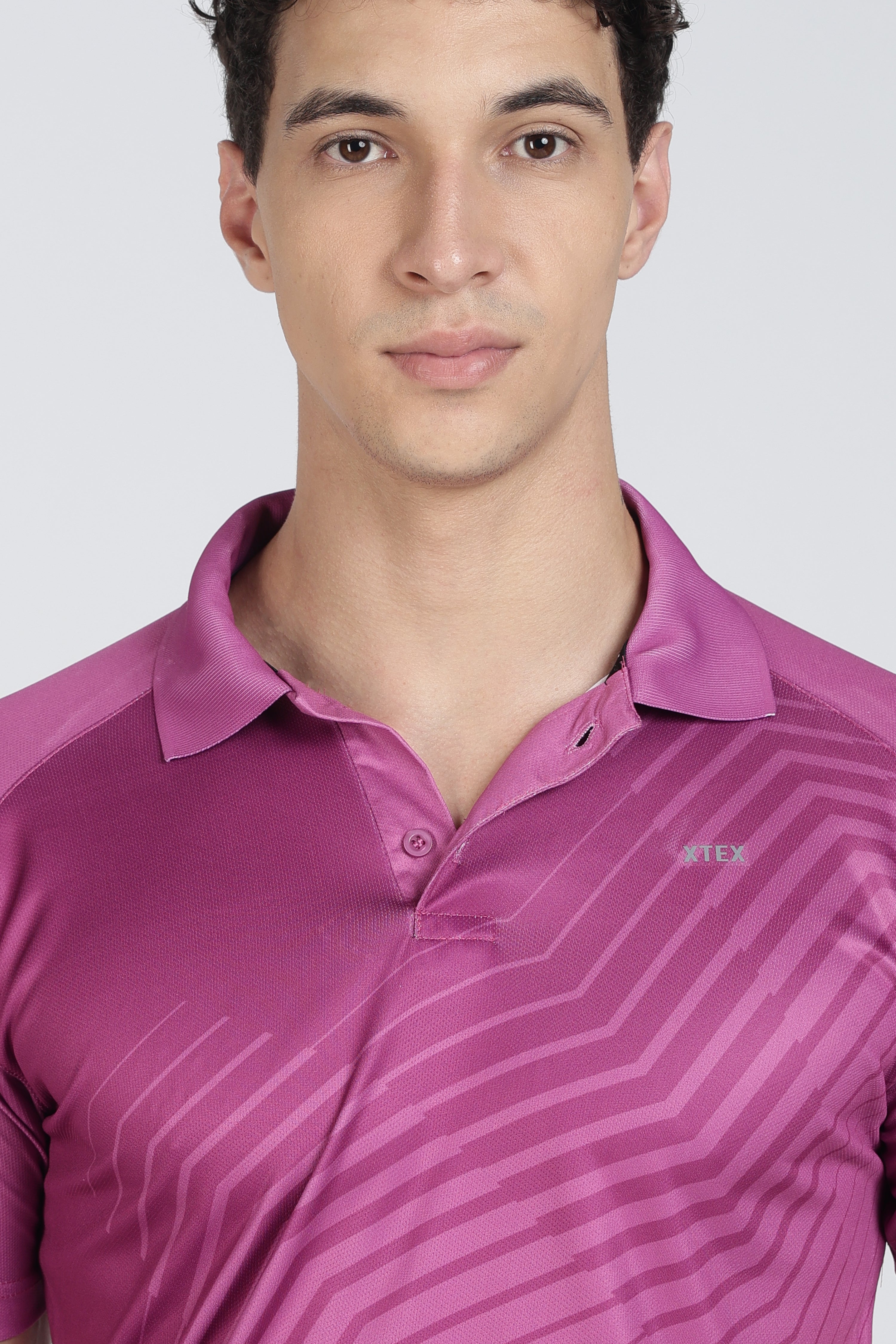 XTEX Pink Performance Polo – Geometric Wave Stripe Shirt for Active Sports & Casual