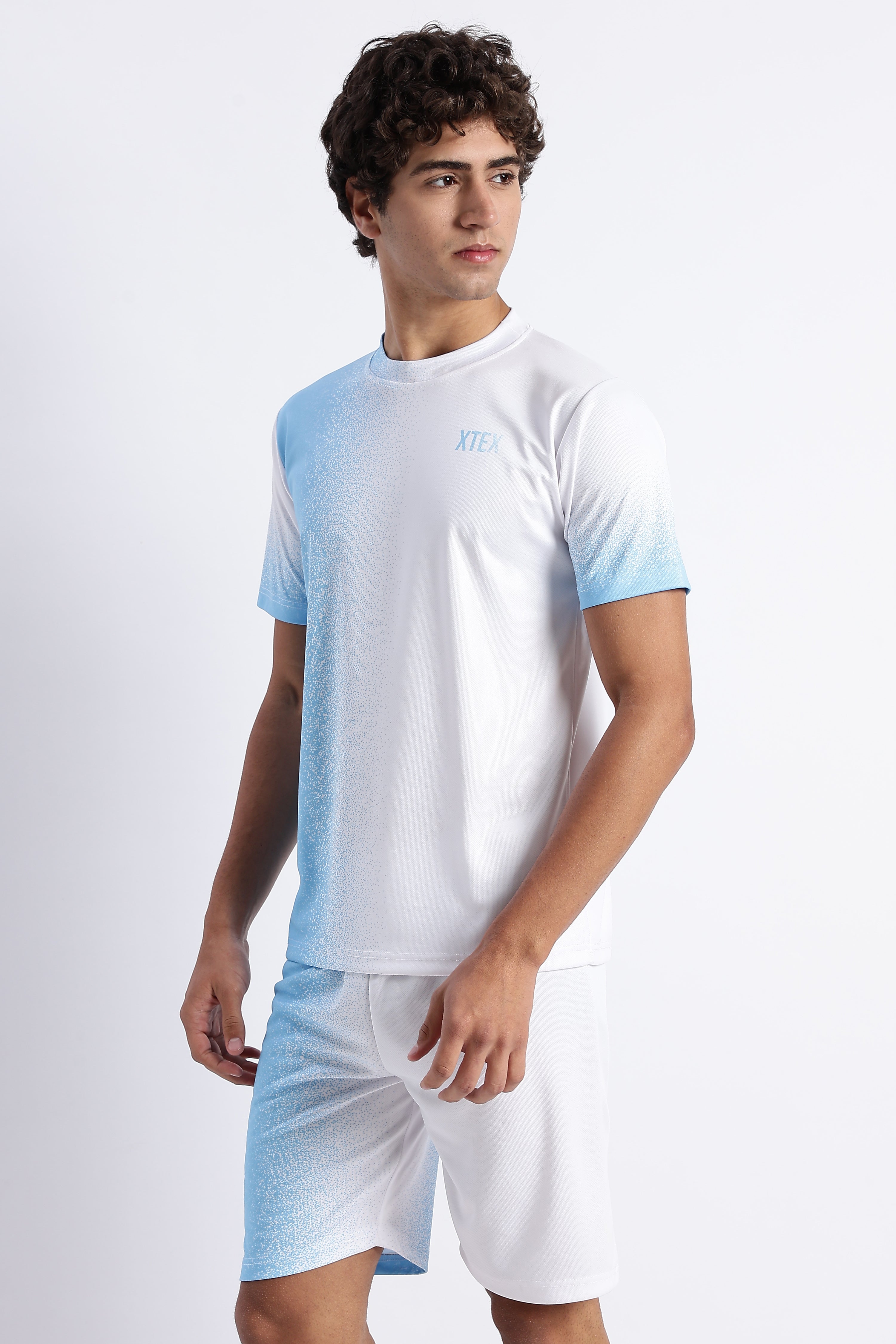 White Gradient Activewear Set – Light Blue Accent Tee