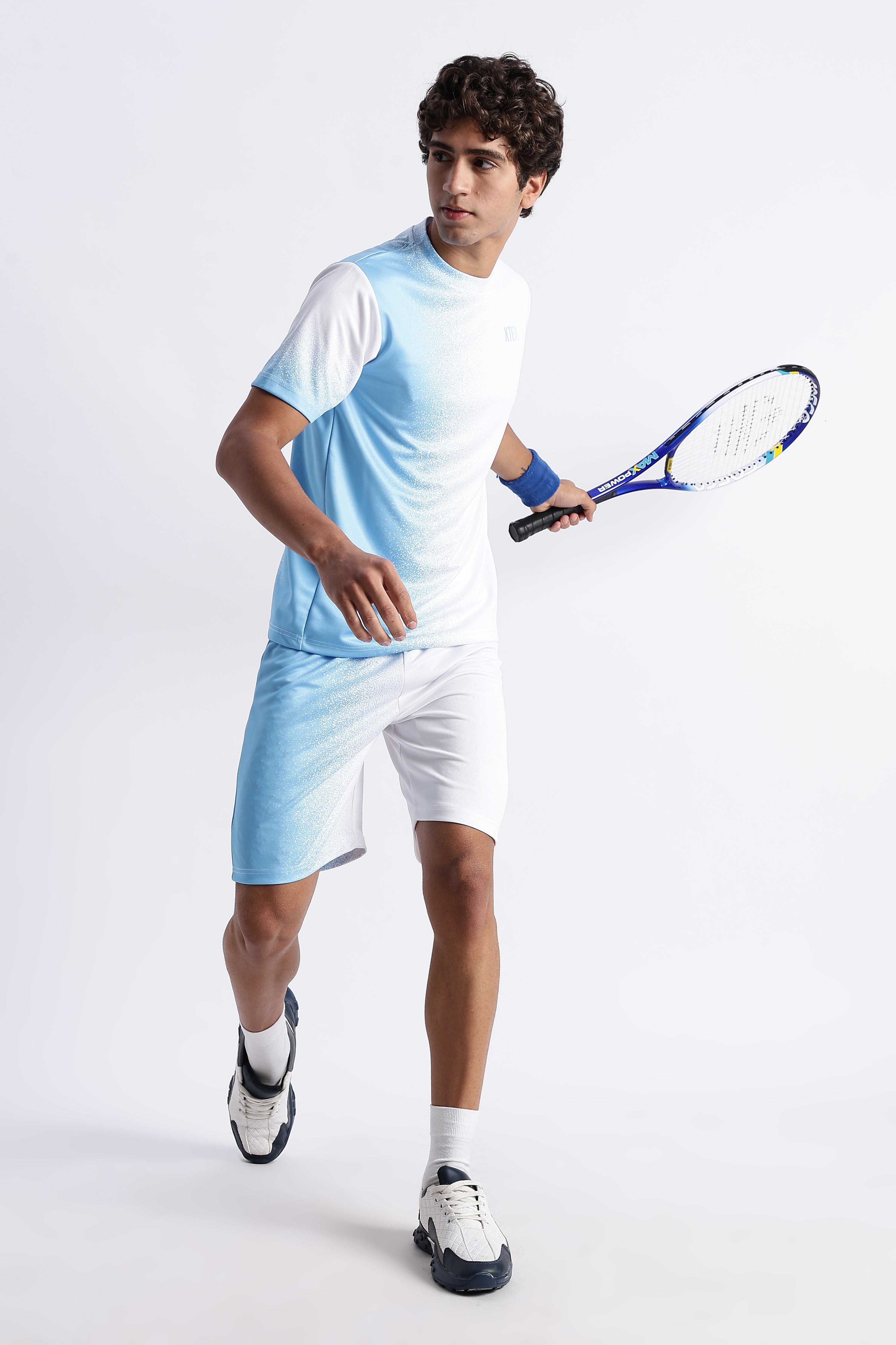 White Gradient Activewear Set – Light Blue Accent Tee
