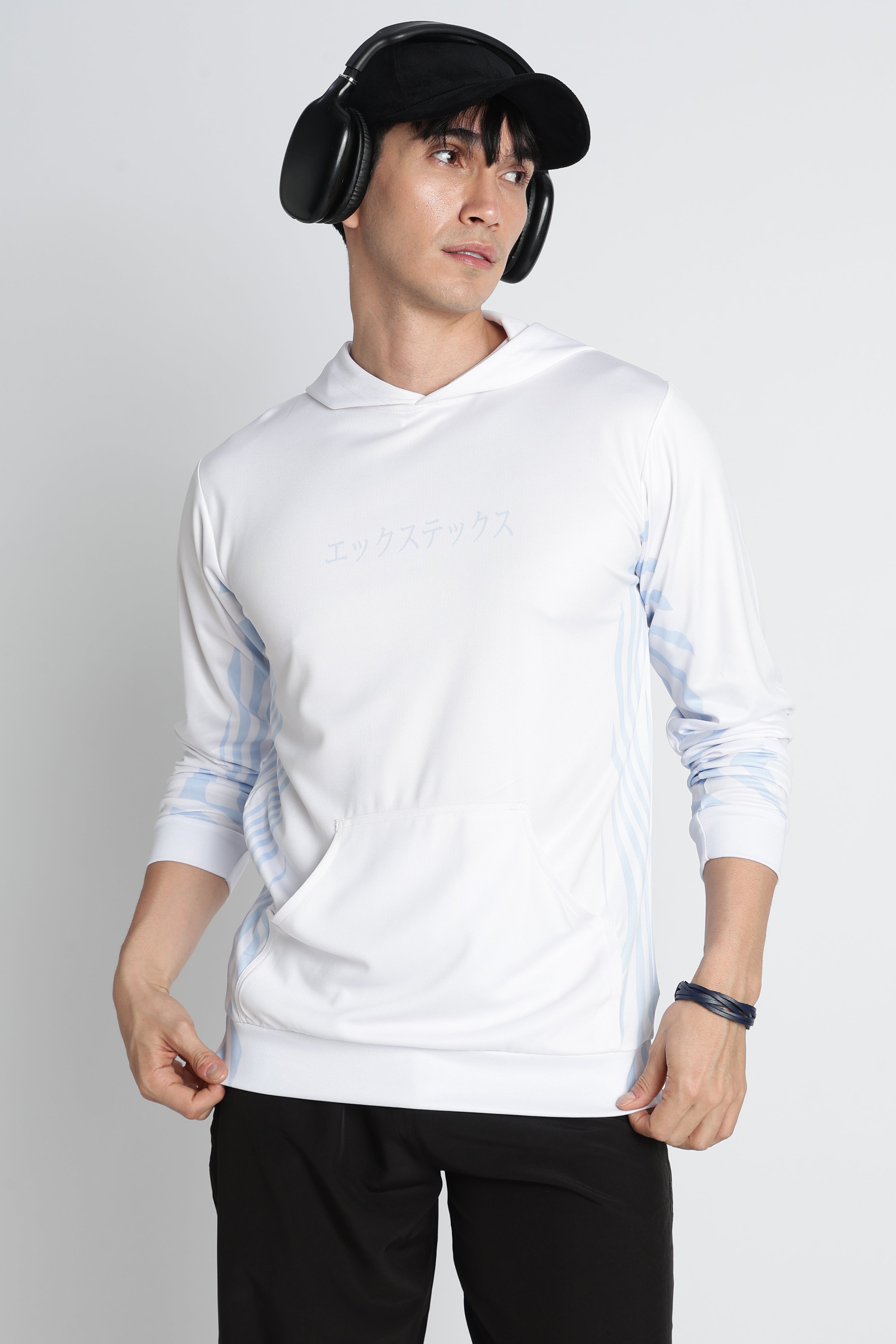 XTEX White Performance Hoodie with Blue‑Stripe Accents