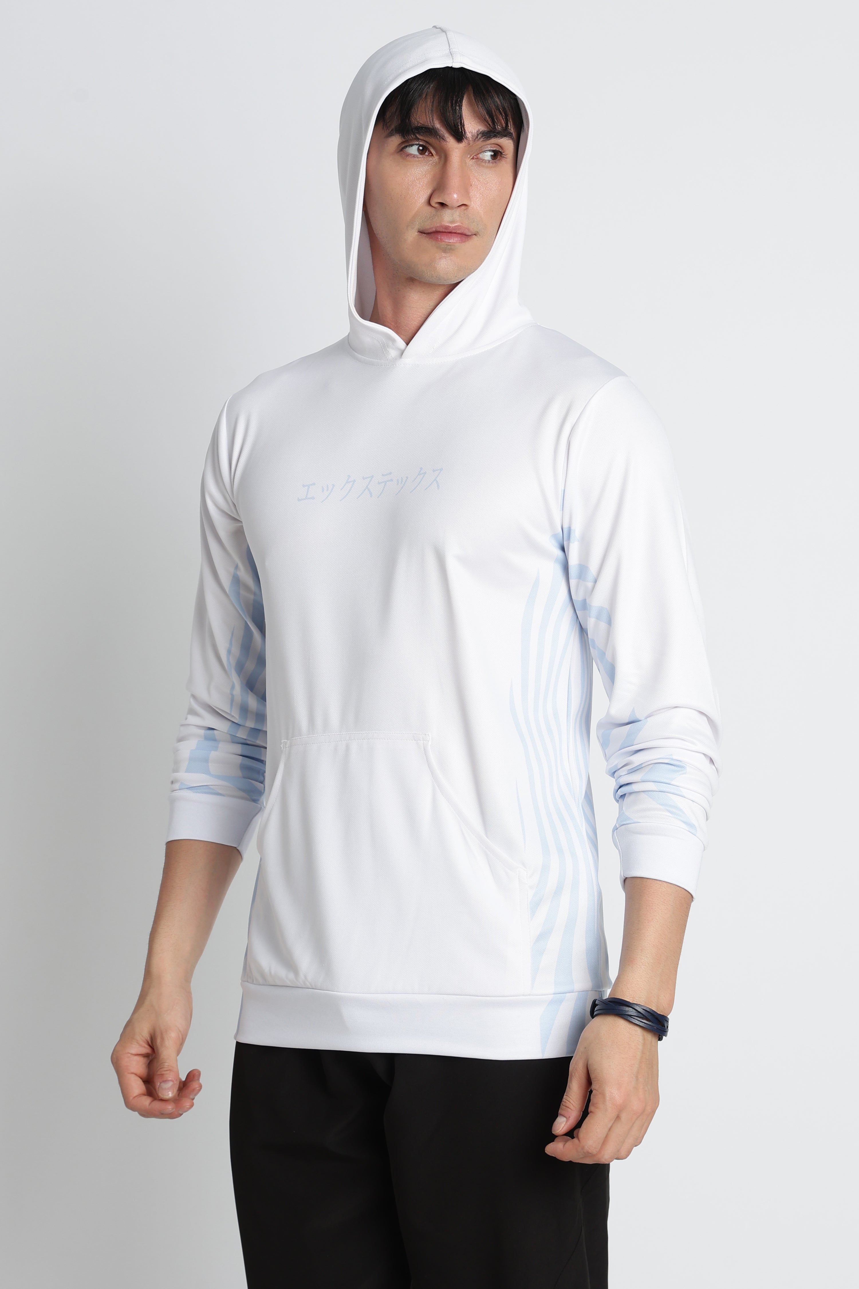 XTEX White Performance Hoodie with Blue‑Stripe Accents