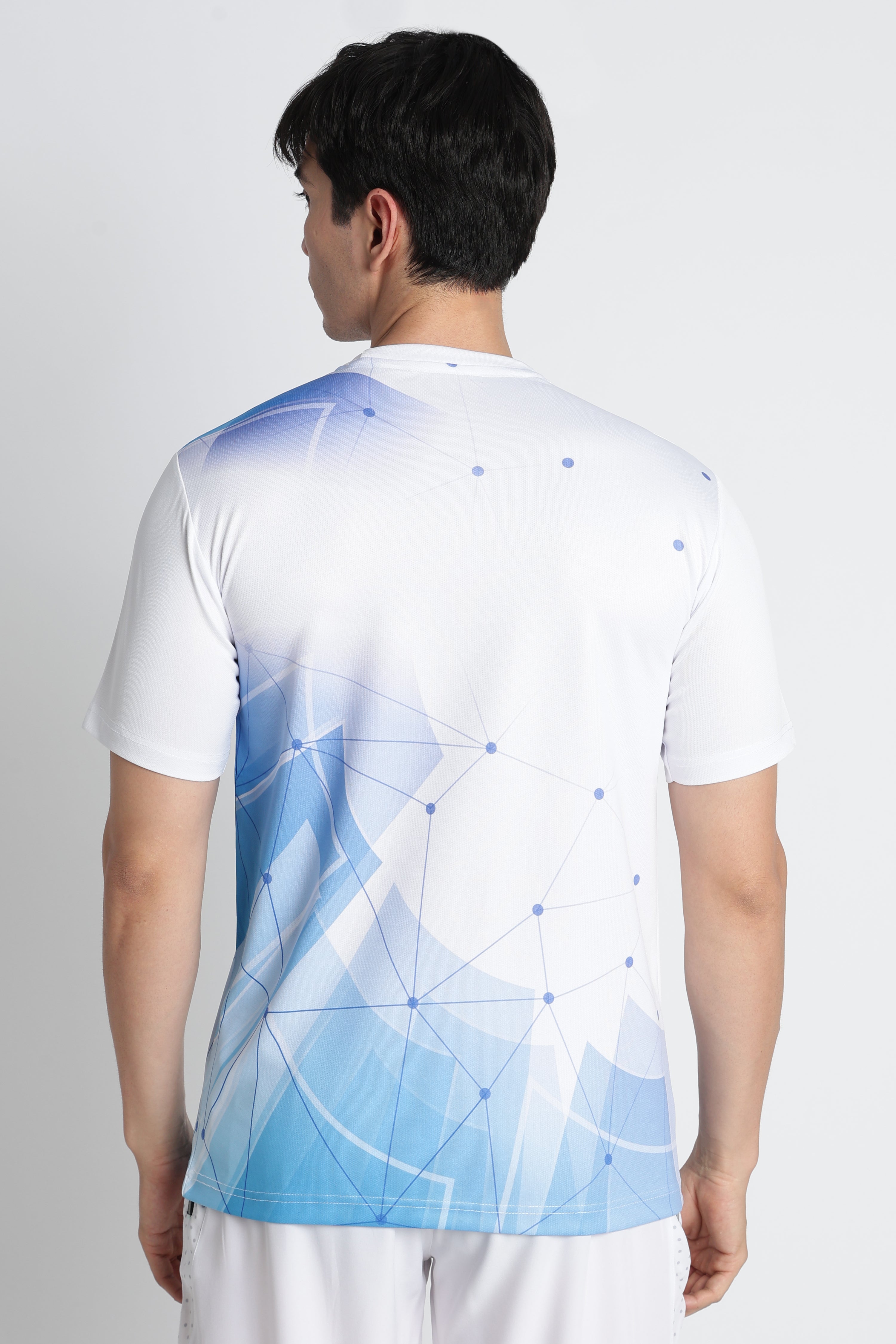 White Jersey Tee with Blue Geometric Design – Breathable Athleisure Shirt