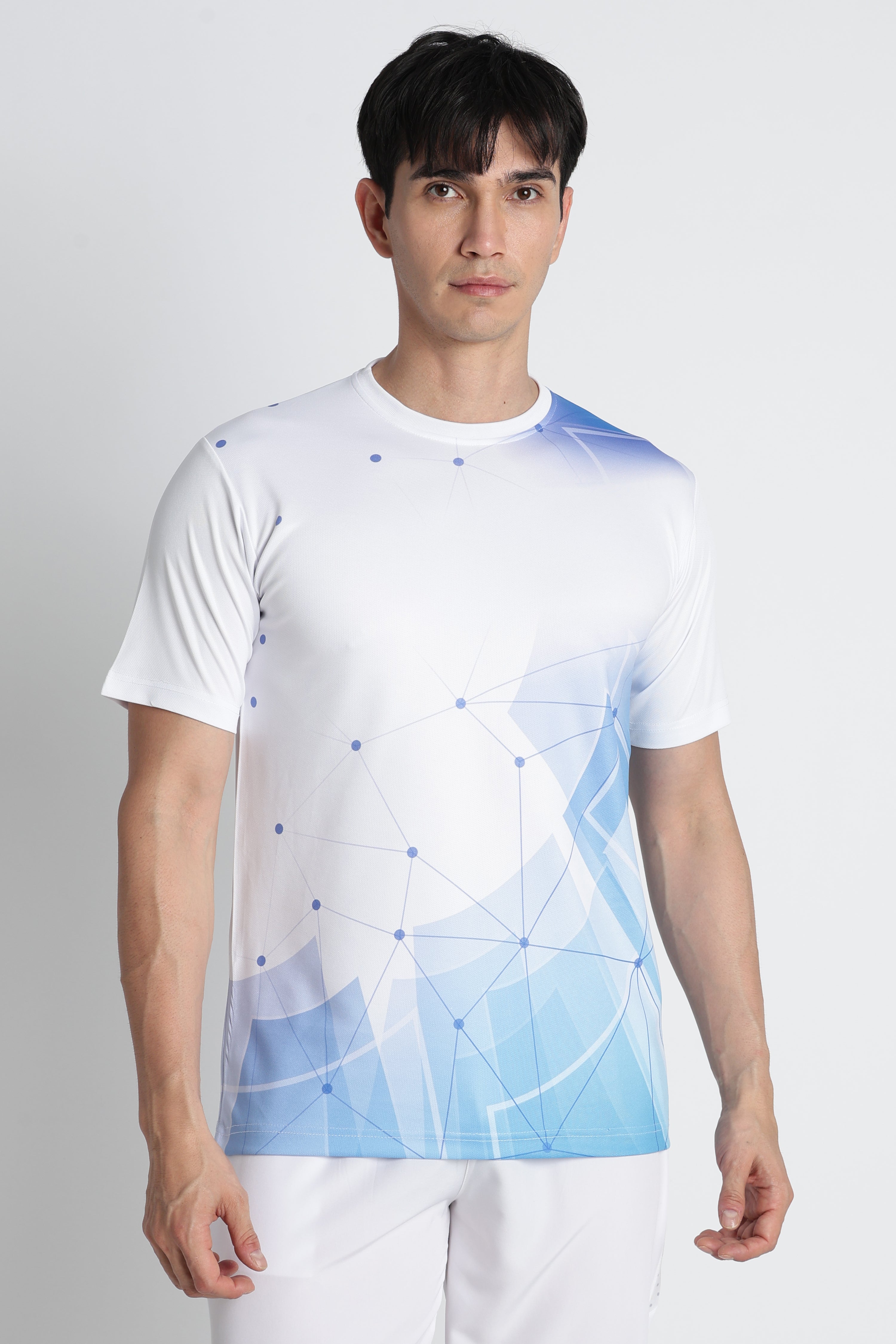 White Jersey Tee with Blue Geometric Design – Breathable Athleisure Shirt