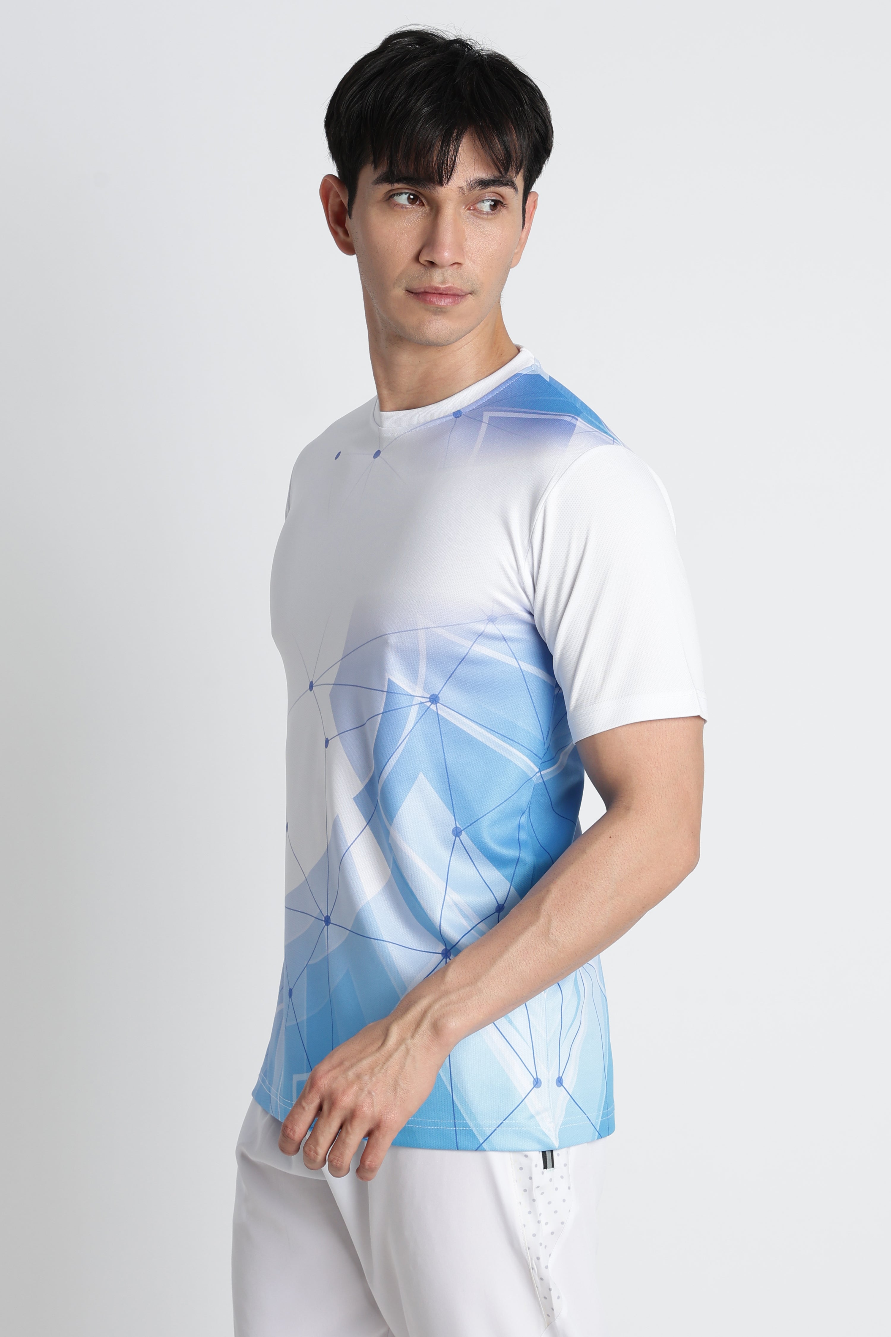 White Jersey Tee with Blue Geometric Design – Breathable Athleisure Shirt