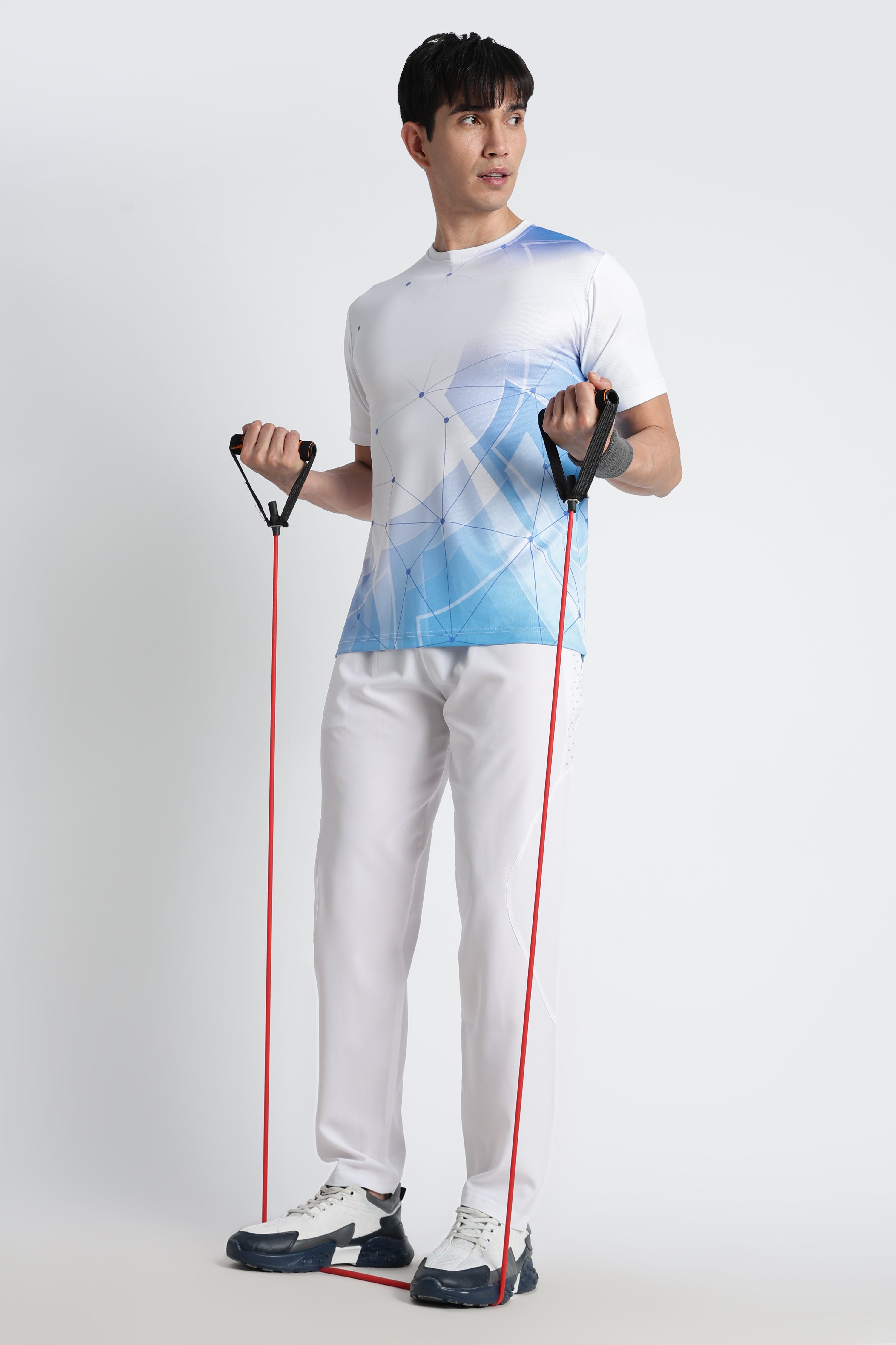 White Jersey Tee with Blue Geometric Design – Breathable Athleisure Shirt
