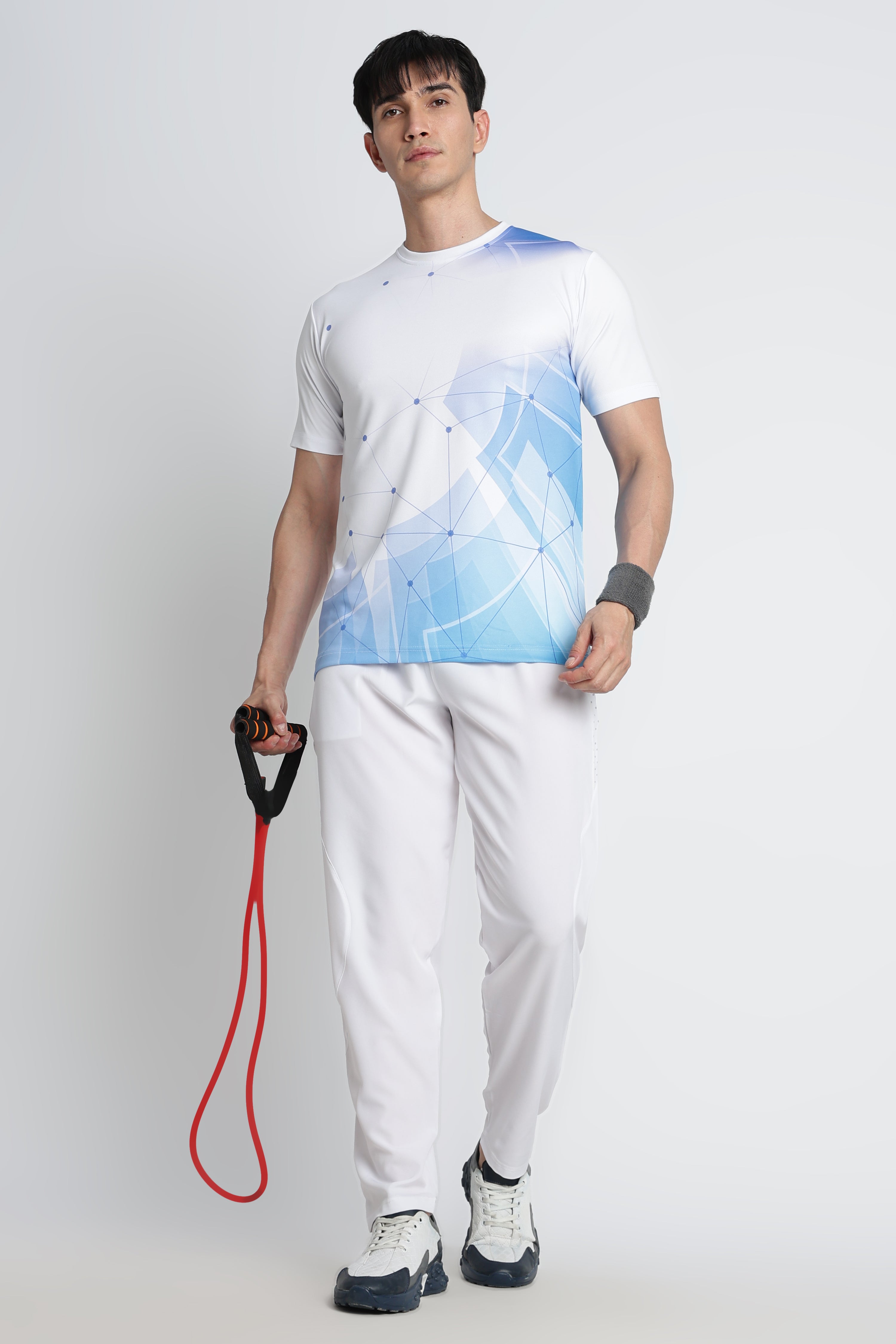 White Jersey Tee with Blue Geometric Design – Breathable Athleisure Shirt