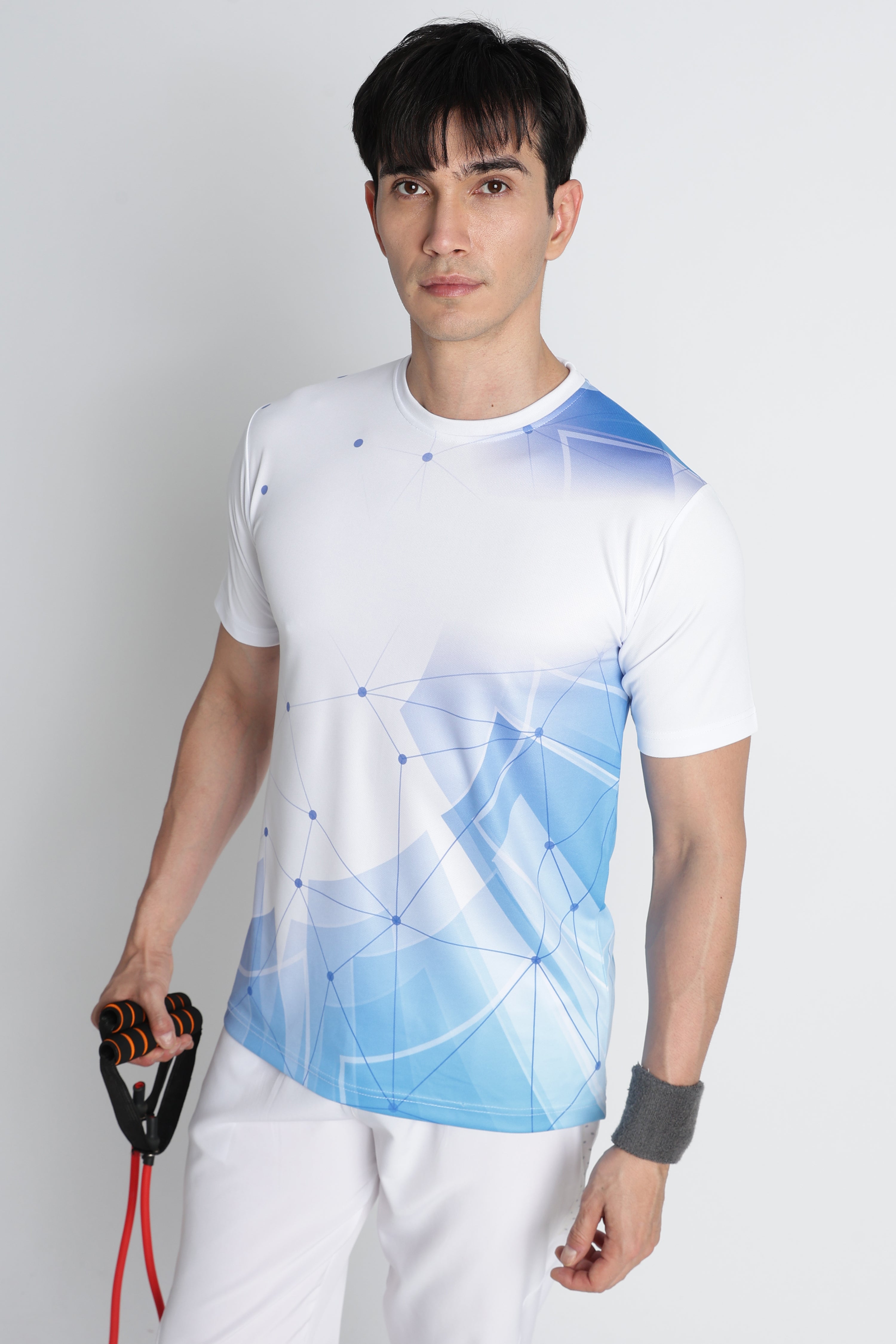 White Jersey Tee with Blue Geometric Design – Breathable Athleisure Shirt